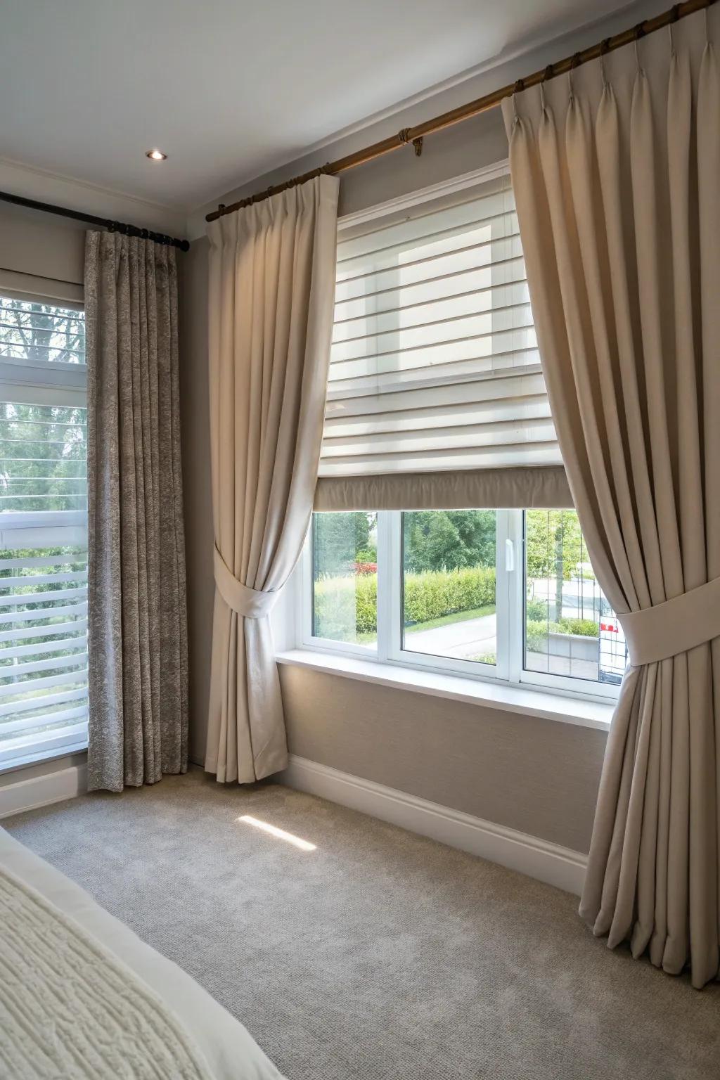 Layering blinds with short curtains provides both style and function.