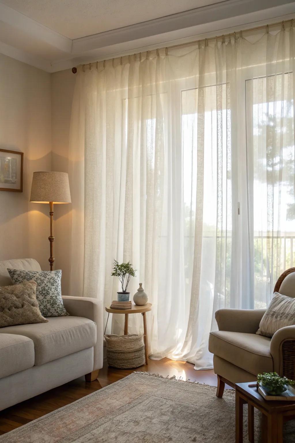 Light voile short curtains for a bright and airy living room.