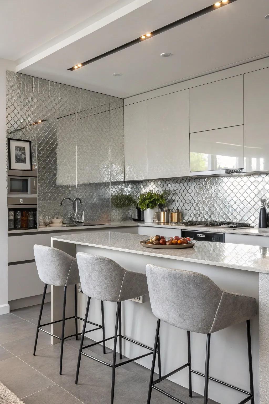 A reflective metallic silver backsplash enhancing the modernity of a kitchen.