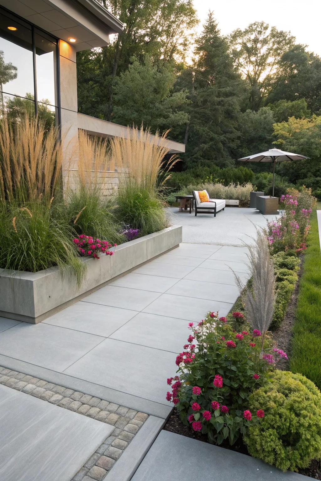 Transform your patio into a natural oasis with rich greenery and vibrant blooms against sleek concrete.