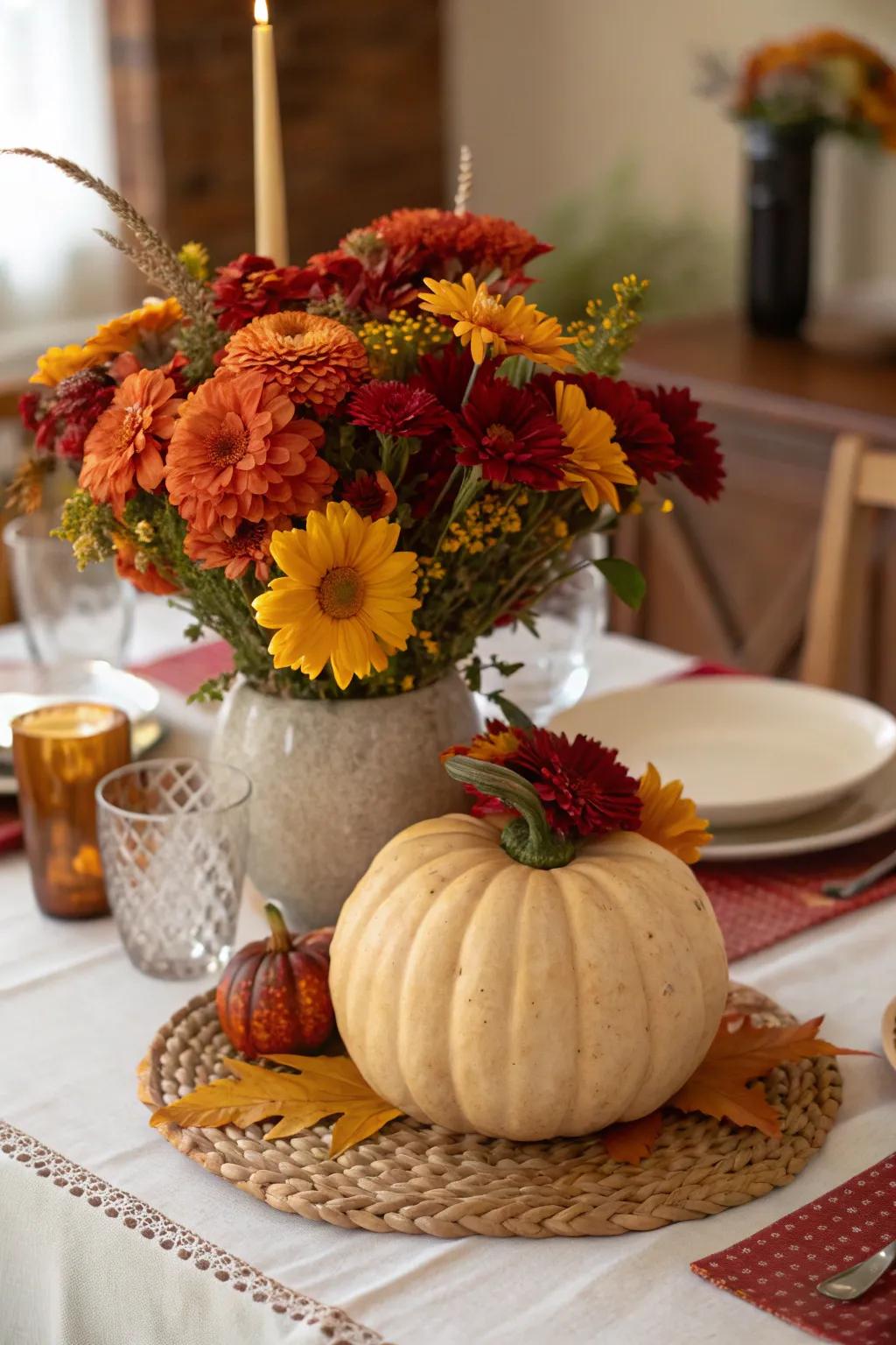 A pumpkin vase filled with autumn blooms adds seasonal flair.