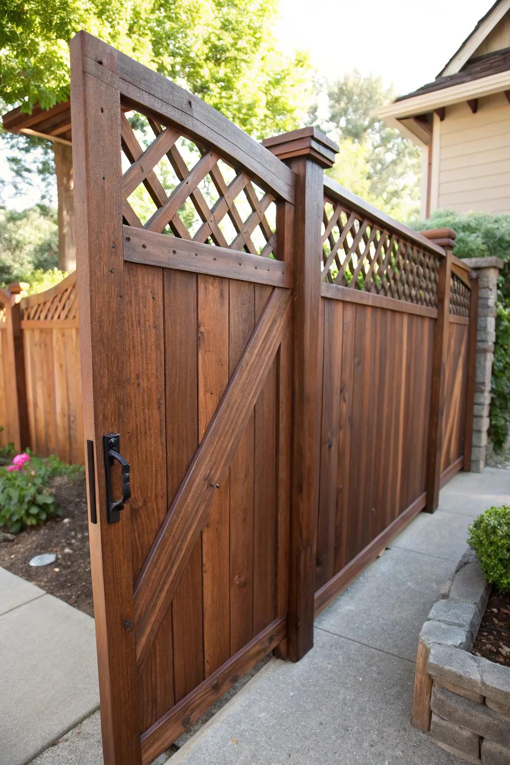 Elevate your fence with a touch of craftsmanship: Diagonal lattice accents for a stylish finish.