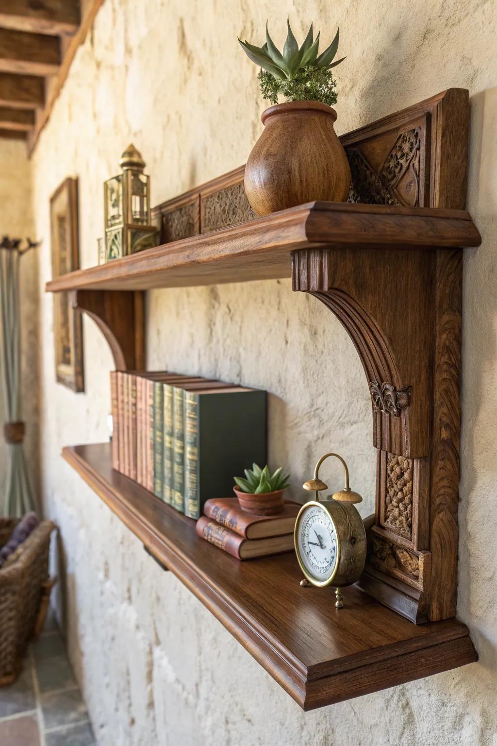 Elevate your space with handcrafted wooden shelves that blend function and art.