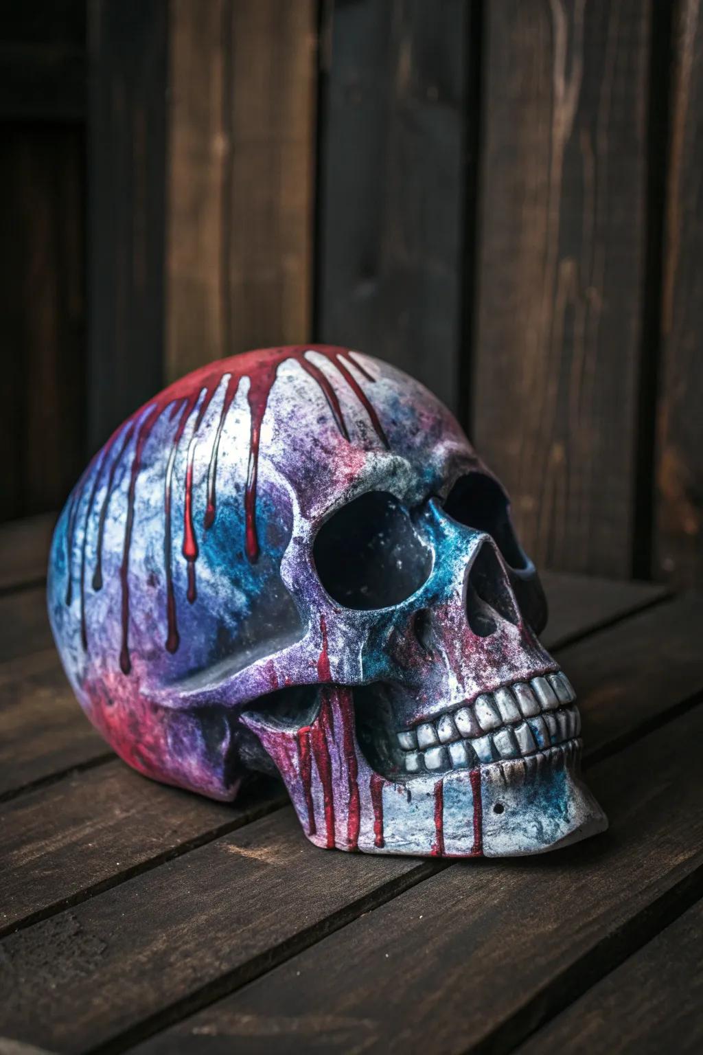 Embrace the artistry of unpredictability with a hauntingly beautiful watercolor drip effect on a handcrafted skull.