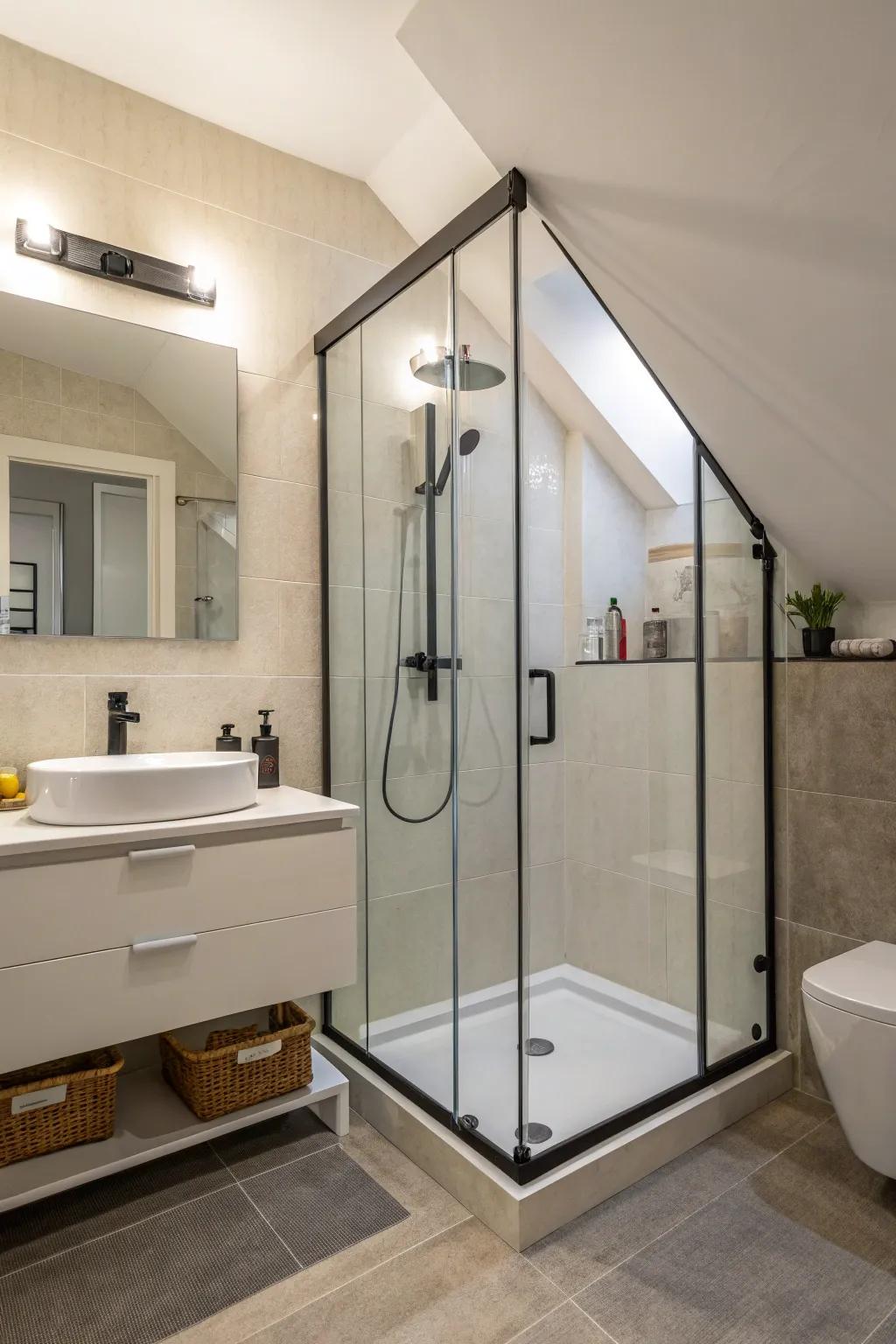 A neo-angle shower offers a sophisticated design that fits well in small, awkward spaces.