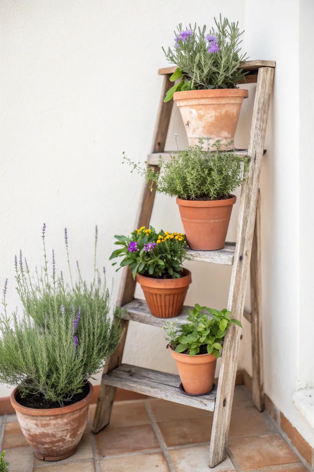 Elevate your garden style with a charming tiered ladder planter, perfect for showcasing herbs and blooms in a beautifully minimalist way.