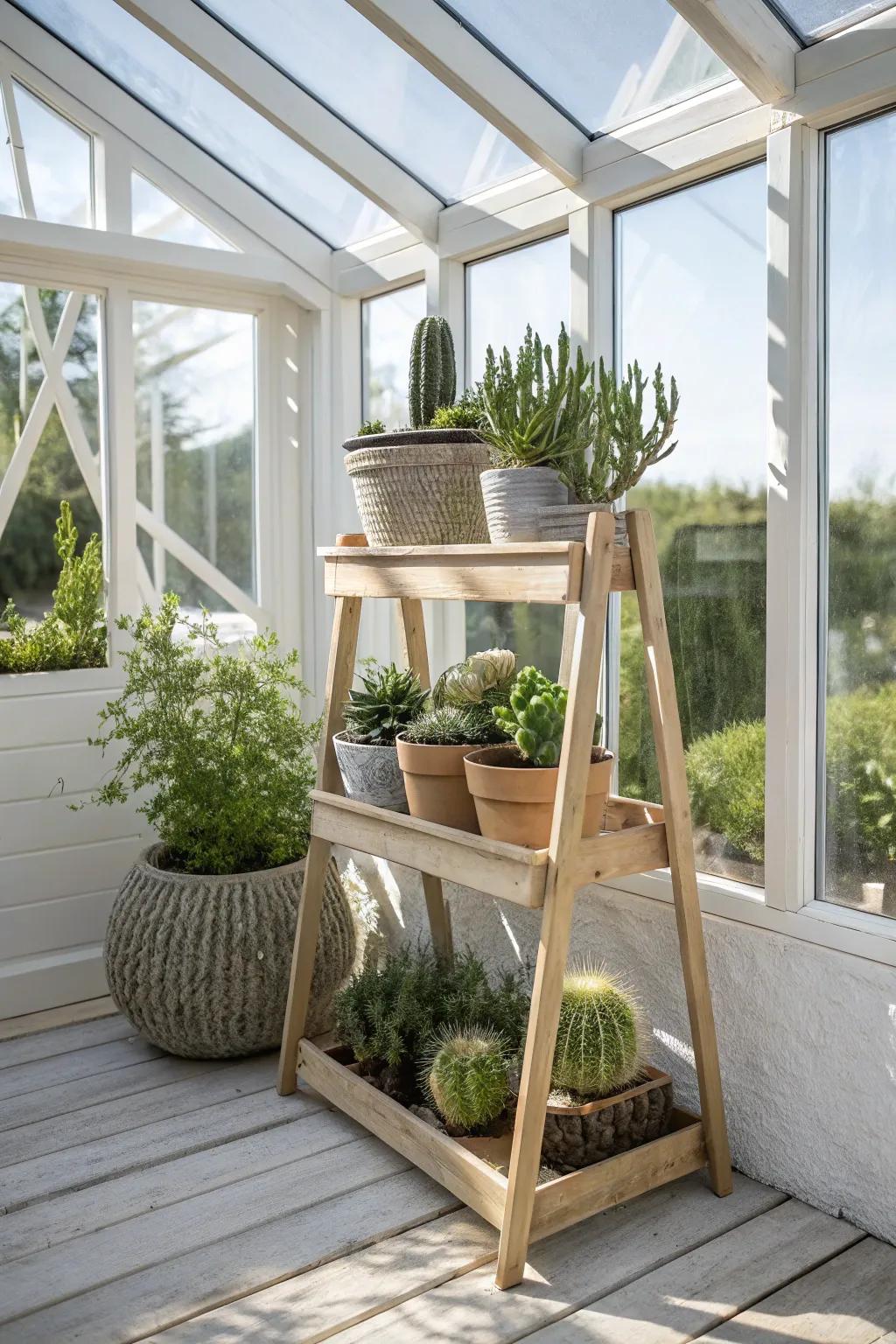 Transform your greenhouse into a lush sanctuary with a mix of potted and ground-planted greenery.