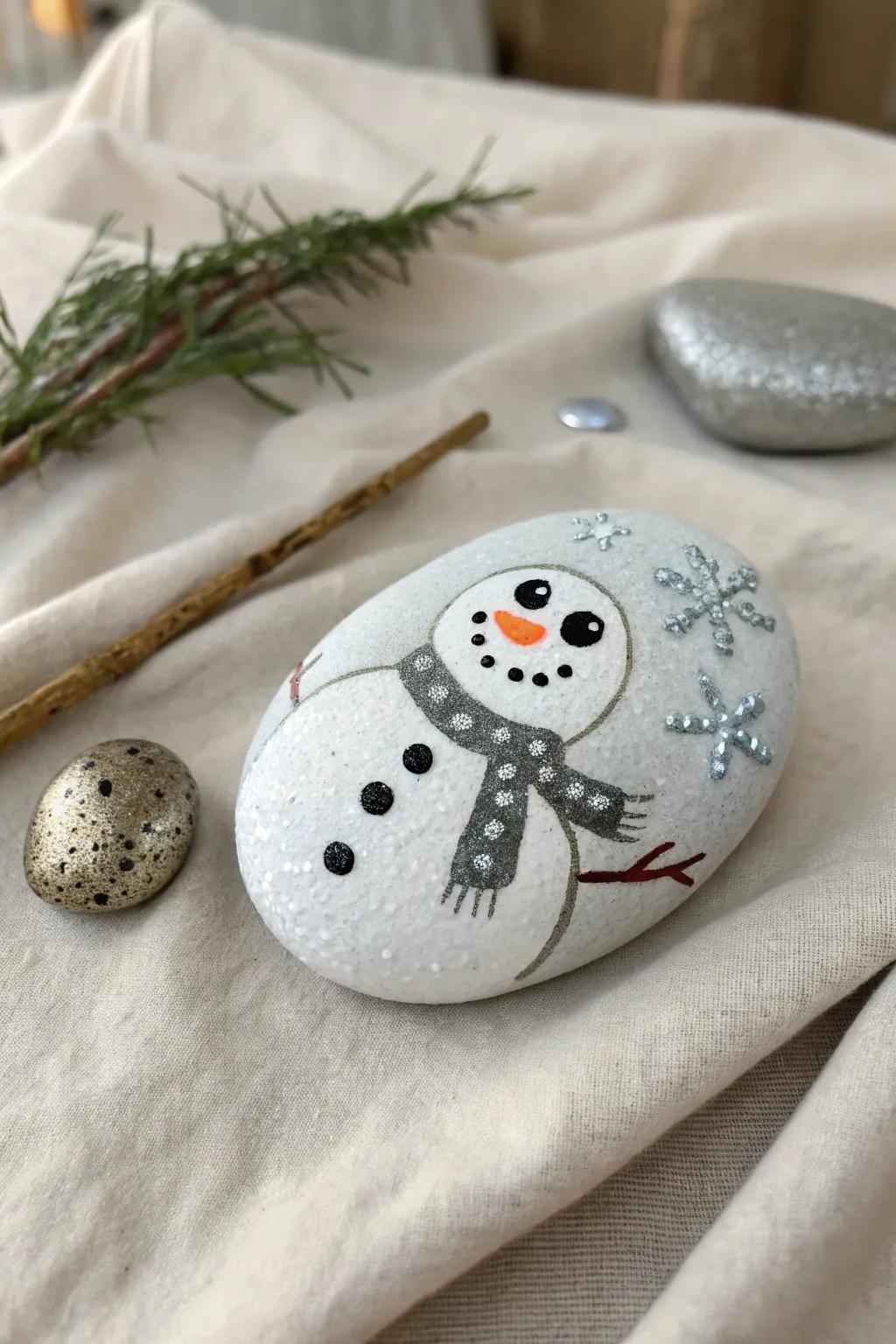 Add a Little Sparkle: Transform your winter décor with this charming and glittering snowman rock centerpiece.