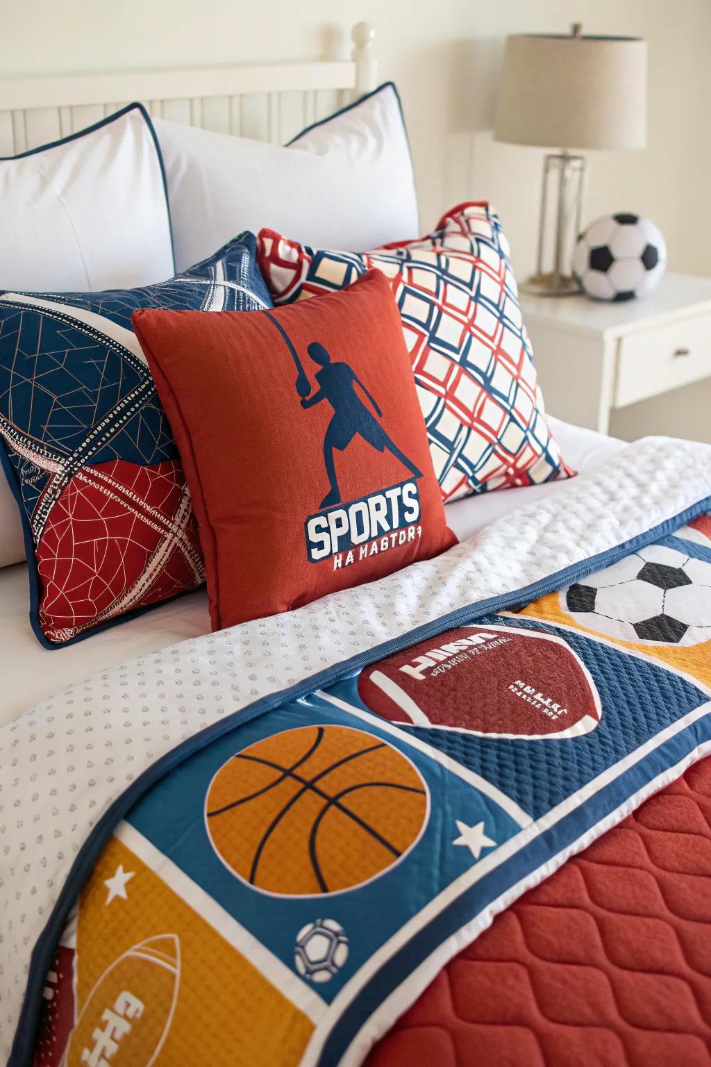Custom bedding and pillows featuring sports team colors.