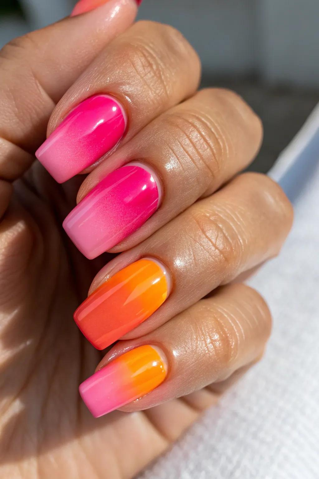 Embrace the artistry of ombre with a sunset-inspired square nail design.