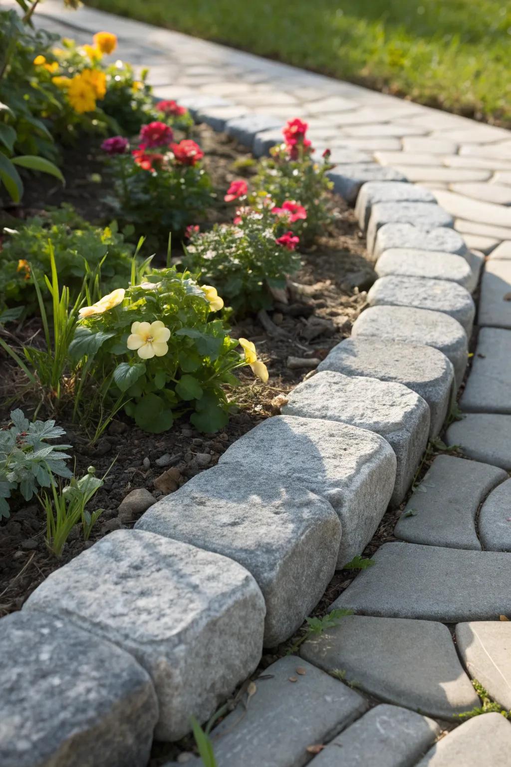 Craftsmanship at its best: Gray stones beautifully frame a vibrant garden, creating a stunning visual contrast.