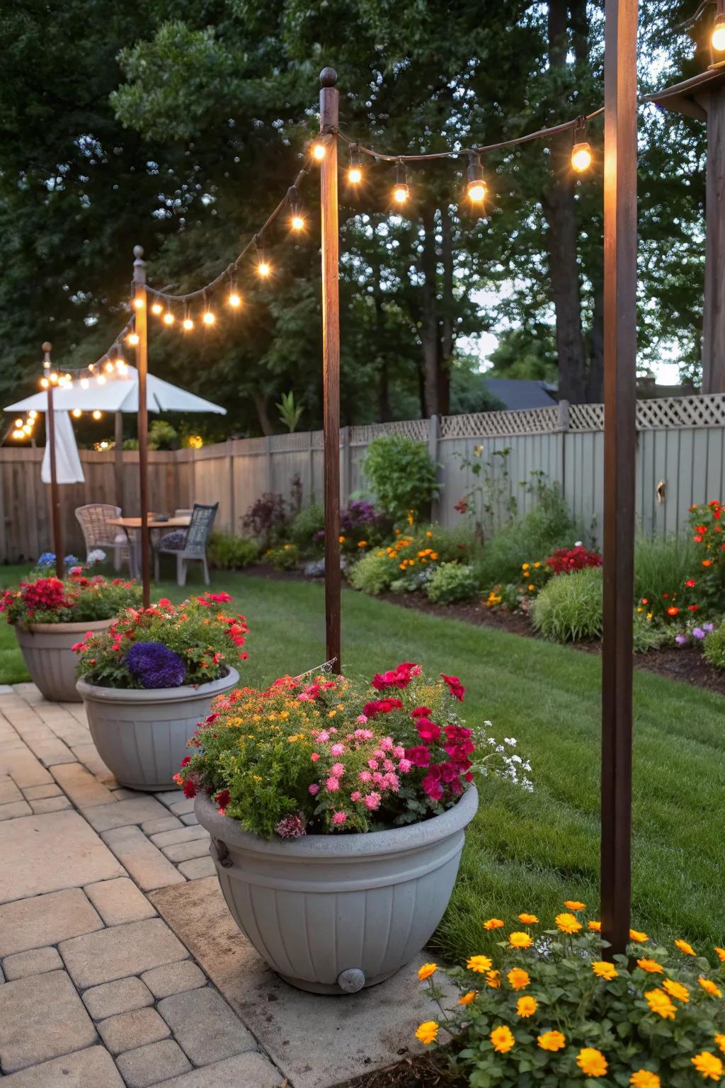 Planters serve dual purposes by adding stability and greenery to your light poles.