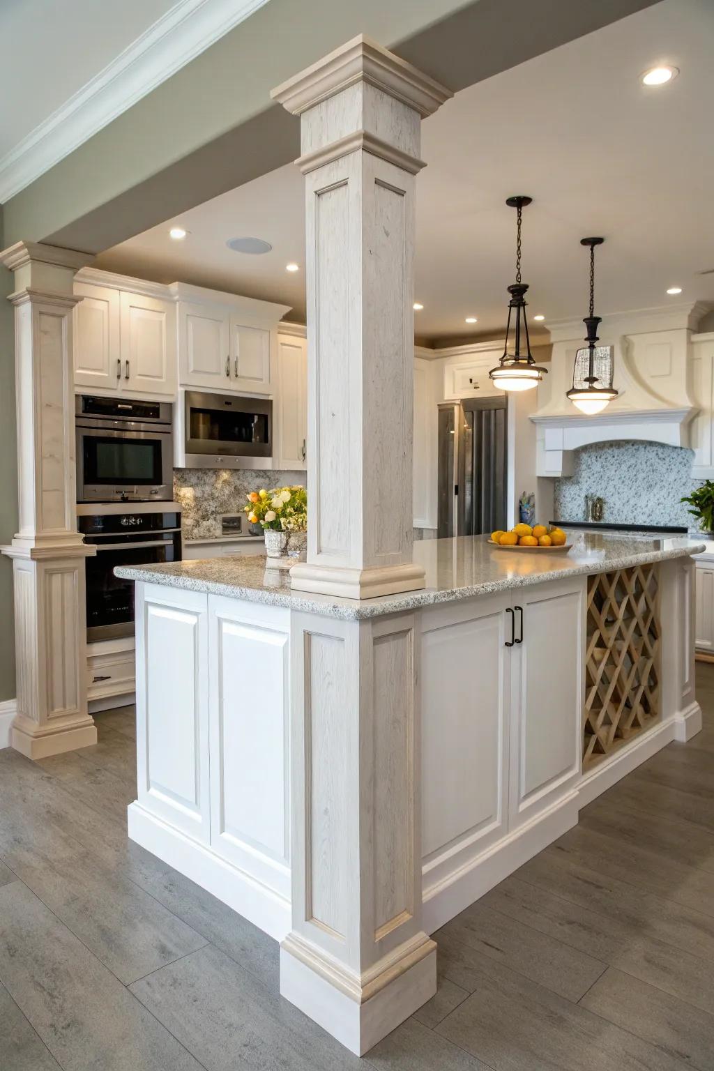 A balanced kitchen design with twin posts framing the island.