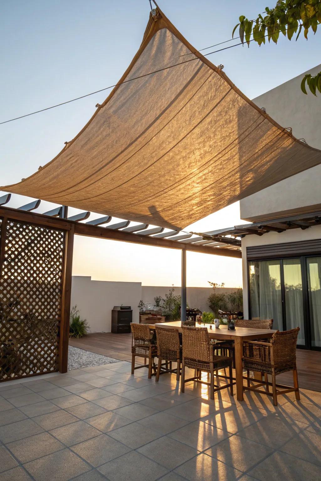 Elevate your outdoor dining experience with a stylish shade sail, where craftsmanship meets comfort.