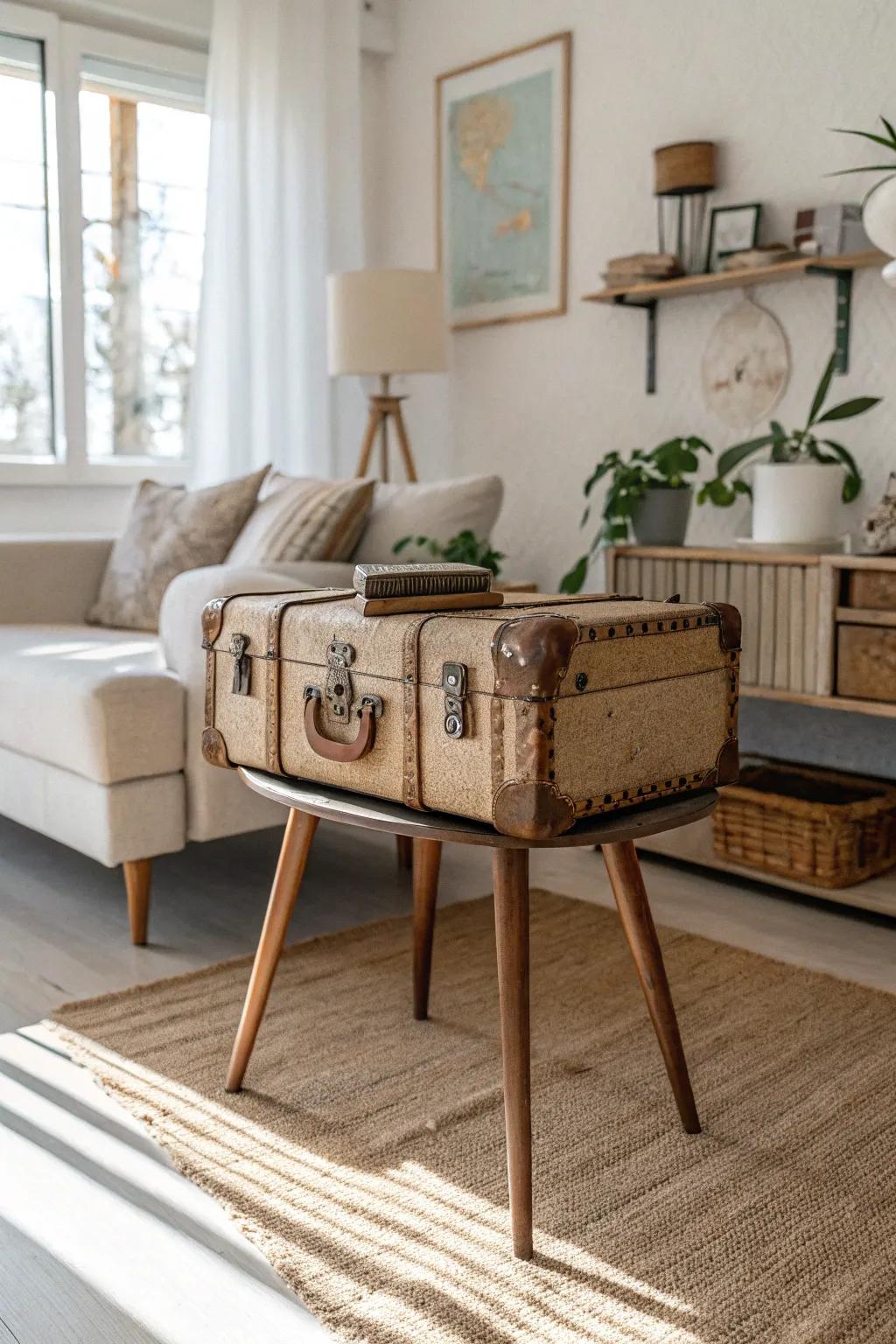 Transform vintage charm into chic functionality with this upcycled suitcase side table, perfect for adding character to your minimalist decor.
