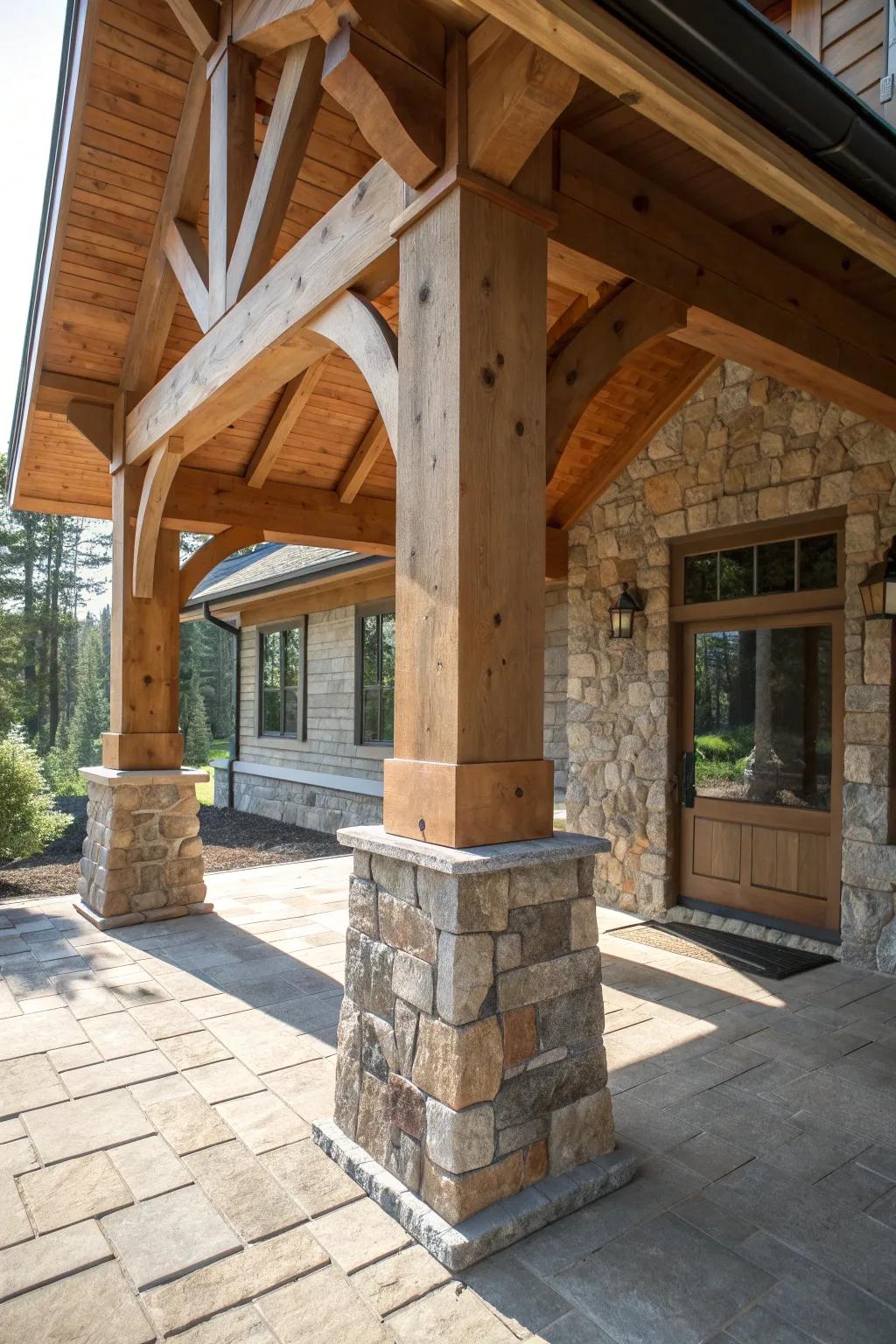 Elevate your porch design with the perfect blend of timber and stone craftsmanship.