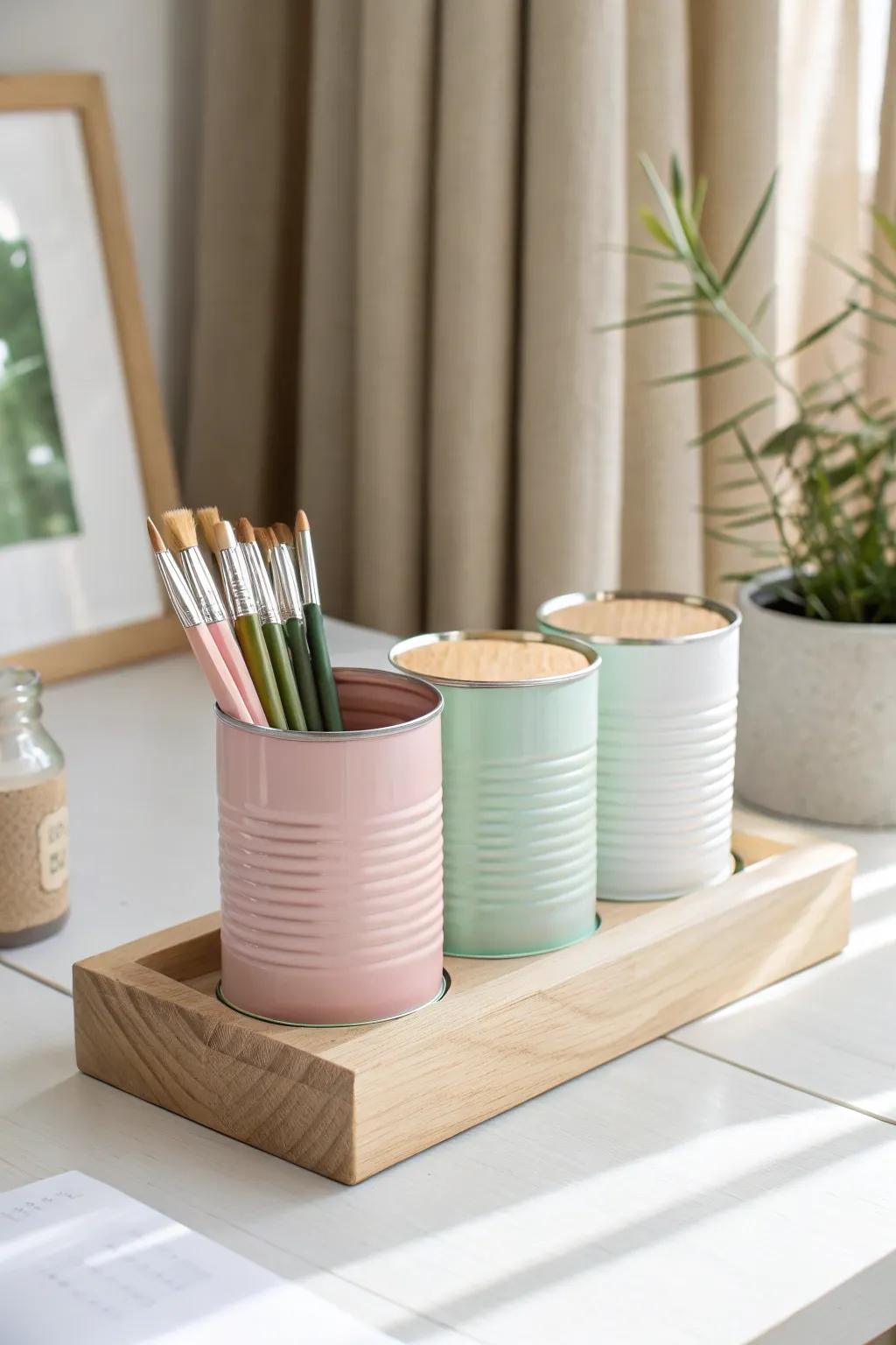 Elevate your workspace with this chic, handcrafted tin can organizer. Simplicity meets style!