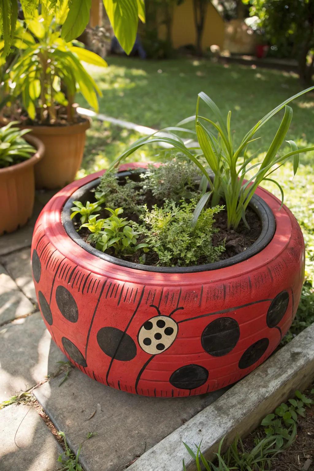 Add a playful touch to your garden with a whimsical ladybug tire planter!