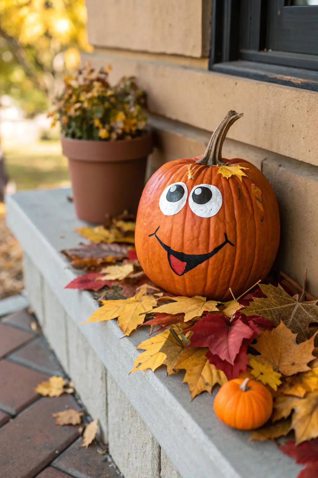 A quirky pumpkin with googly eyes brings smiles to all.