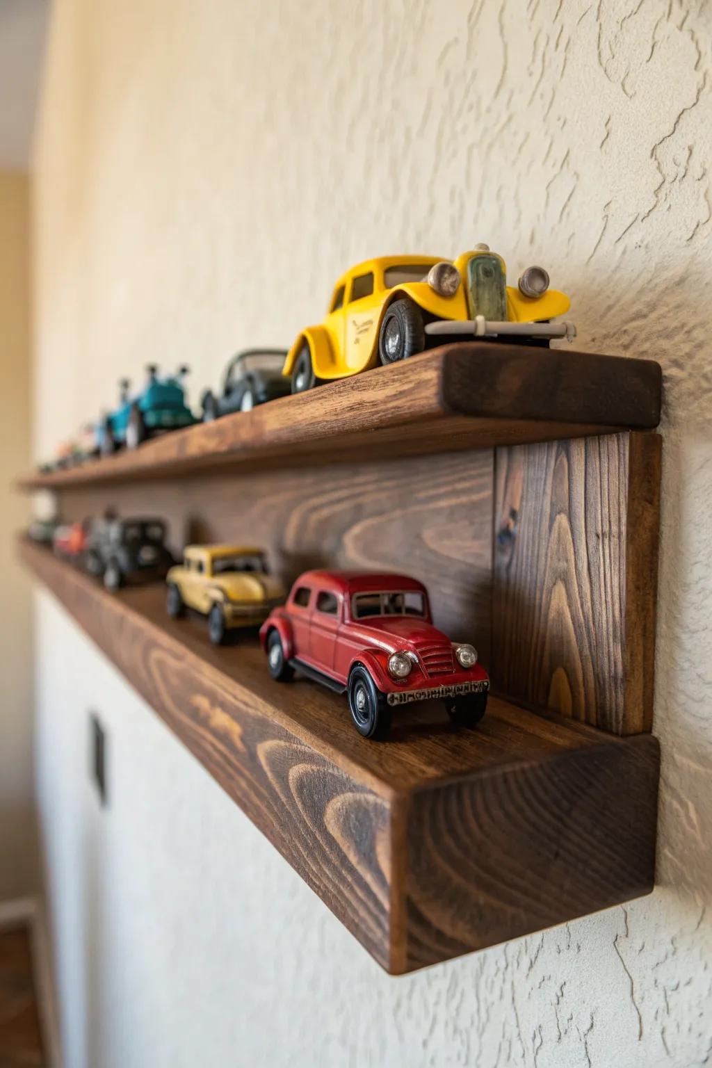 Showcase your toy car collection with style and craftsmanship on a classic book ledge.