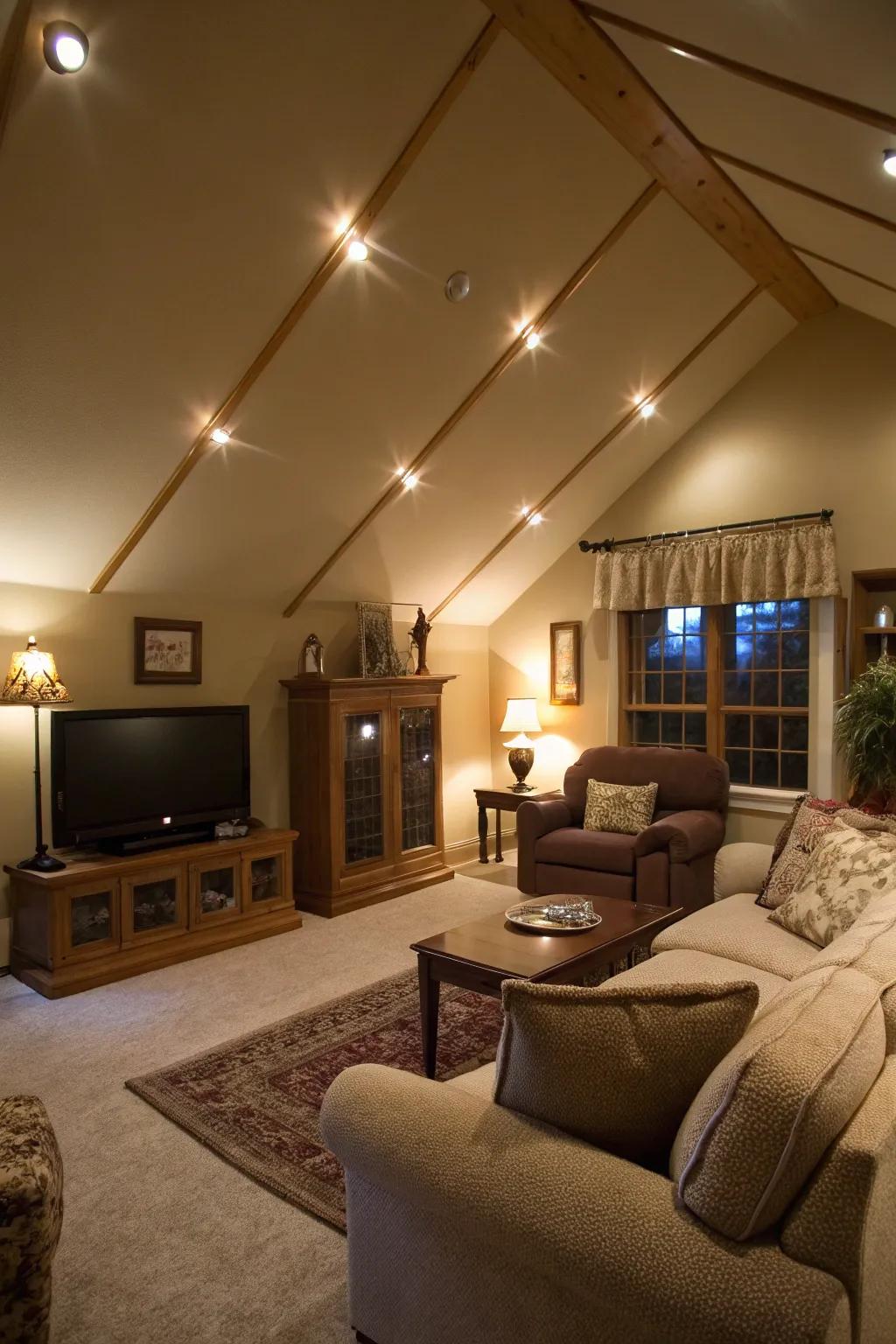 Ambient track lighting brings a cozy vibe to spacious living areas.