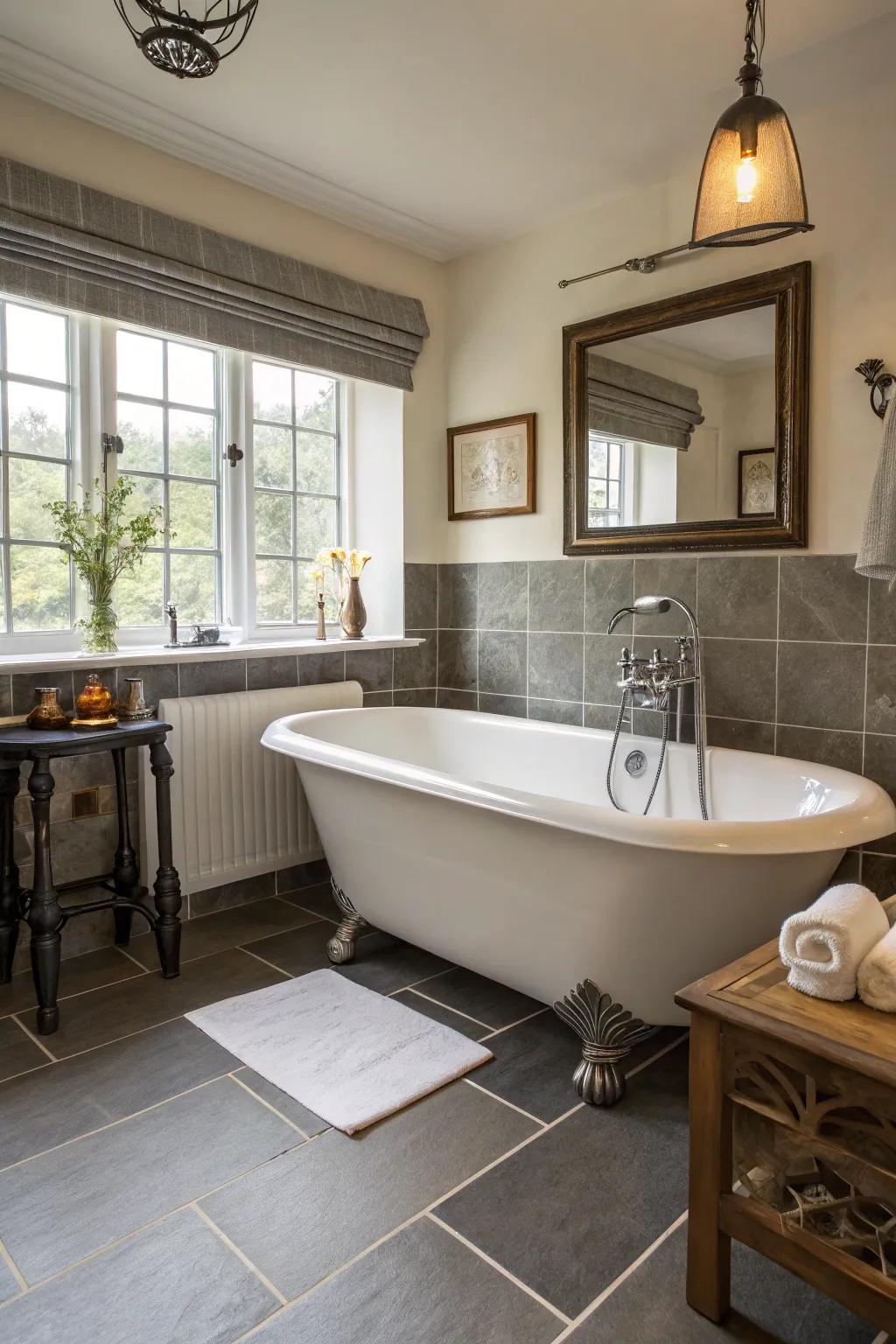 A freestanding bathtub brings elegance to a transitional space.