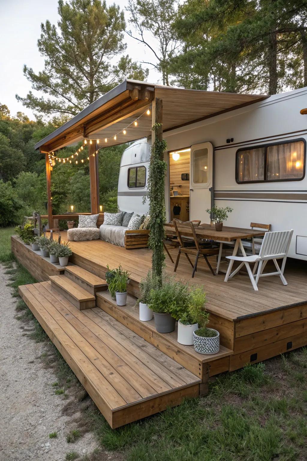 Elevate your campsite with a charming multi-level wooden deck, perfect for dining, lounging, and a touch of nature's beauty.