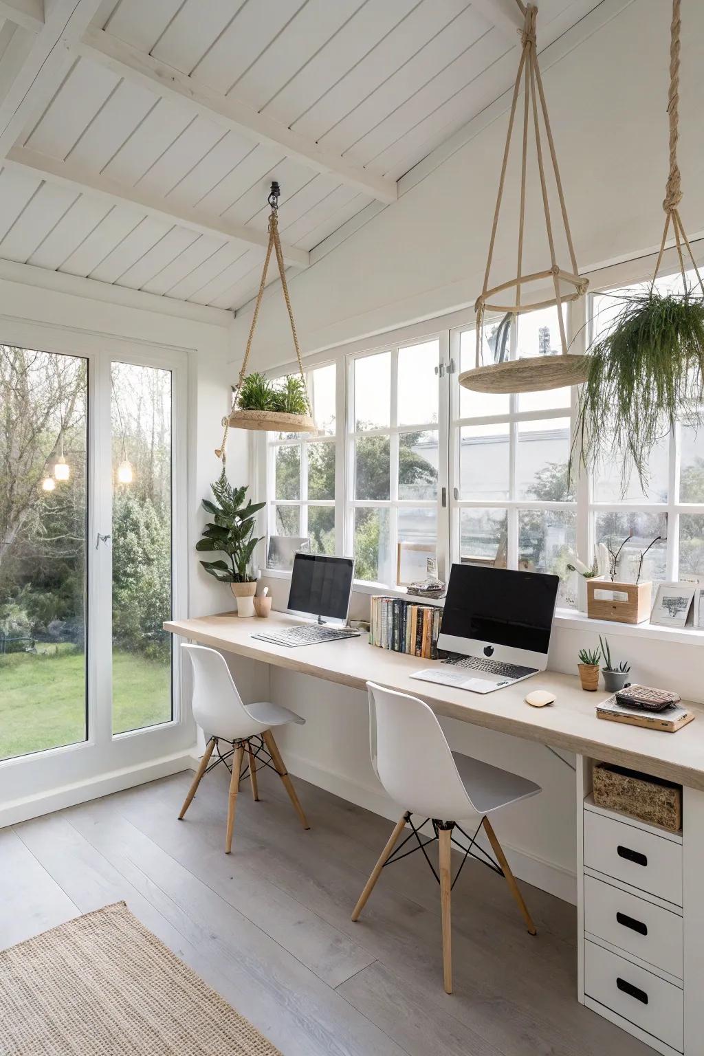 Floating desks create a spacious feel in a small room.