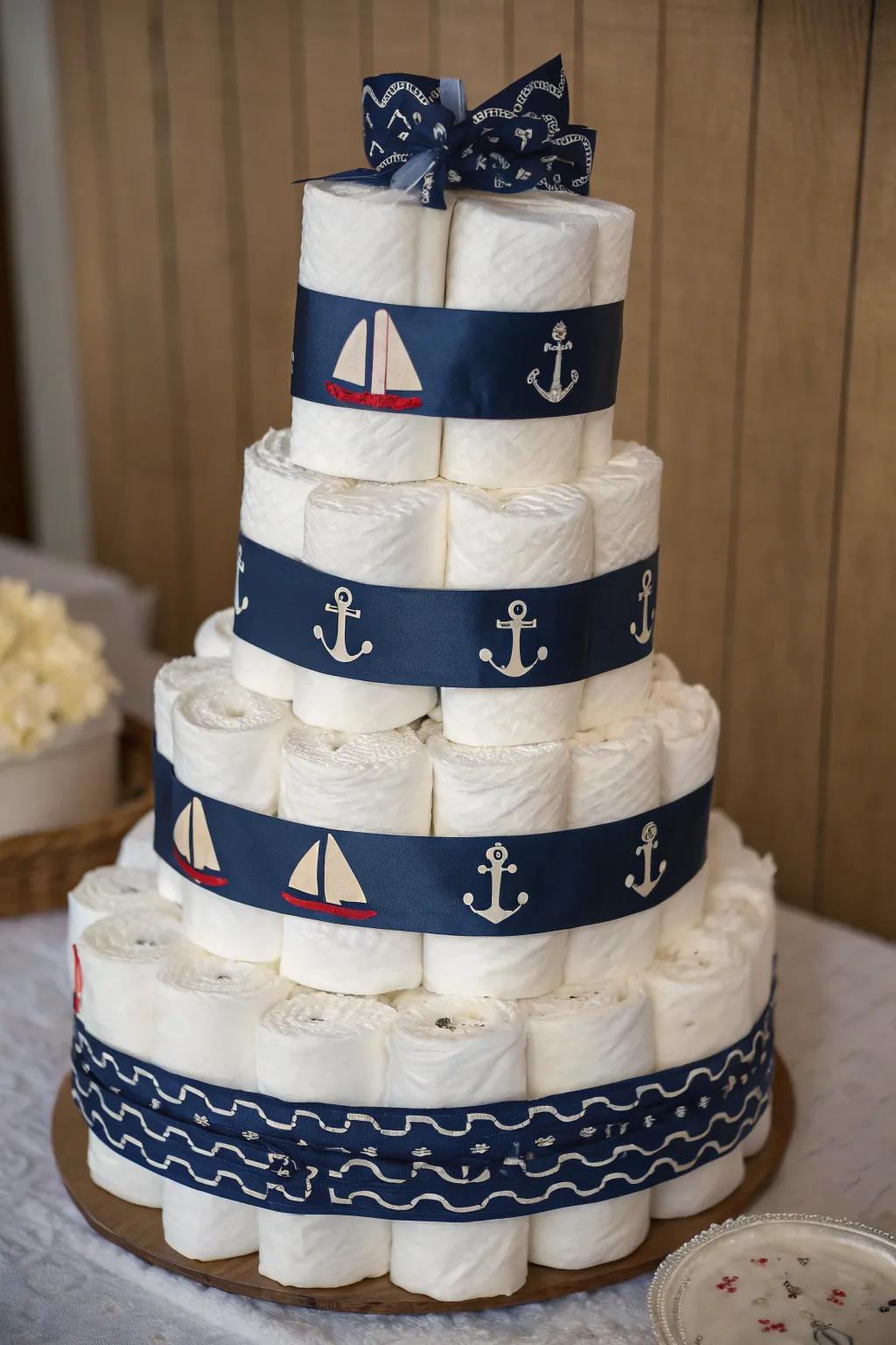 Set sail on a sea of creativity with this nautical-themed diaper cake, a perfect blend of craftsmanship and style.
