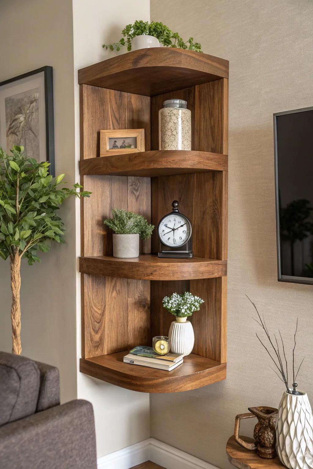 Elevate your space with the elegance of floating corner shelves, where craftsmanship meets functionality.