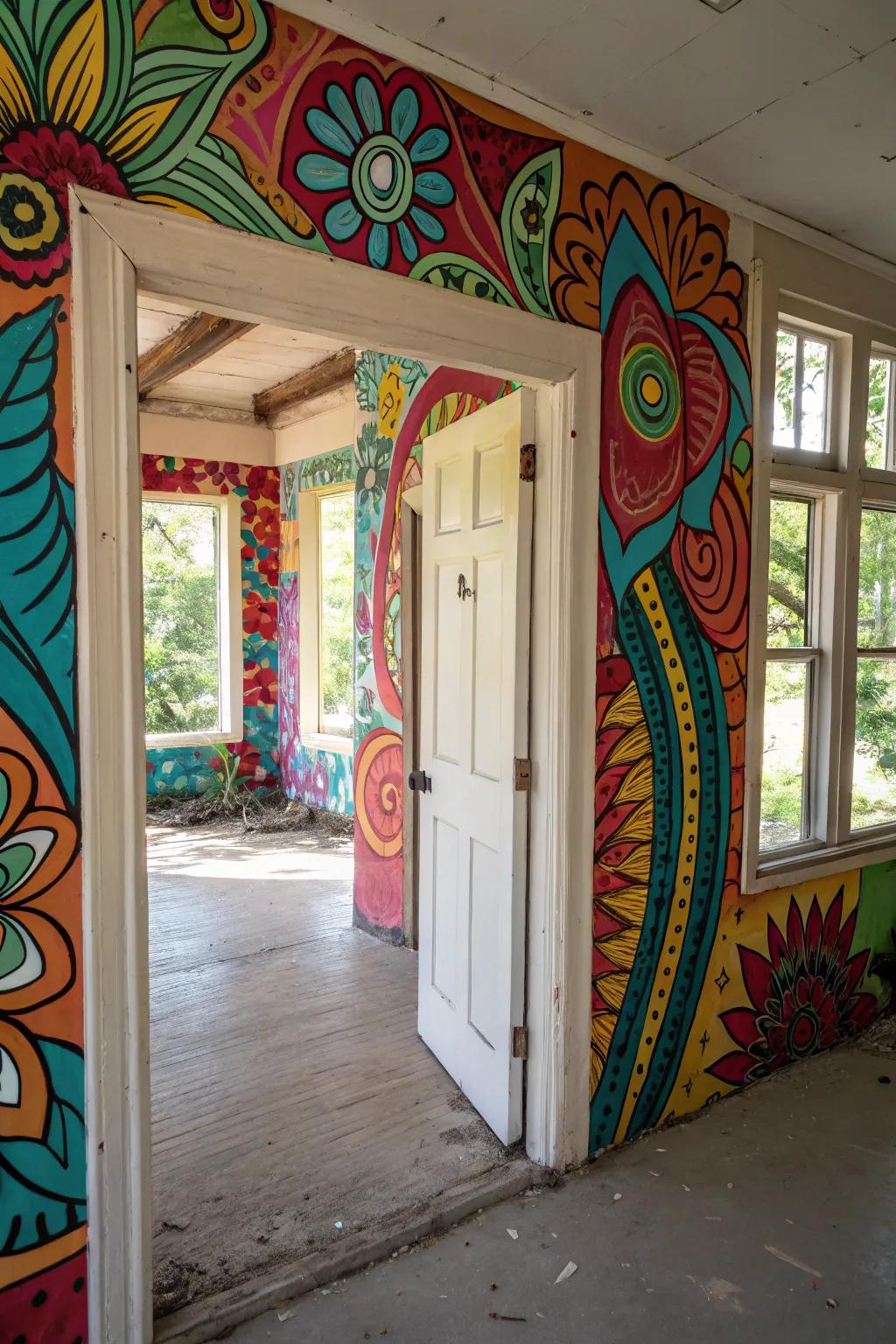 Artful murals can turn unused doorways into vibrant canvases.