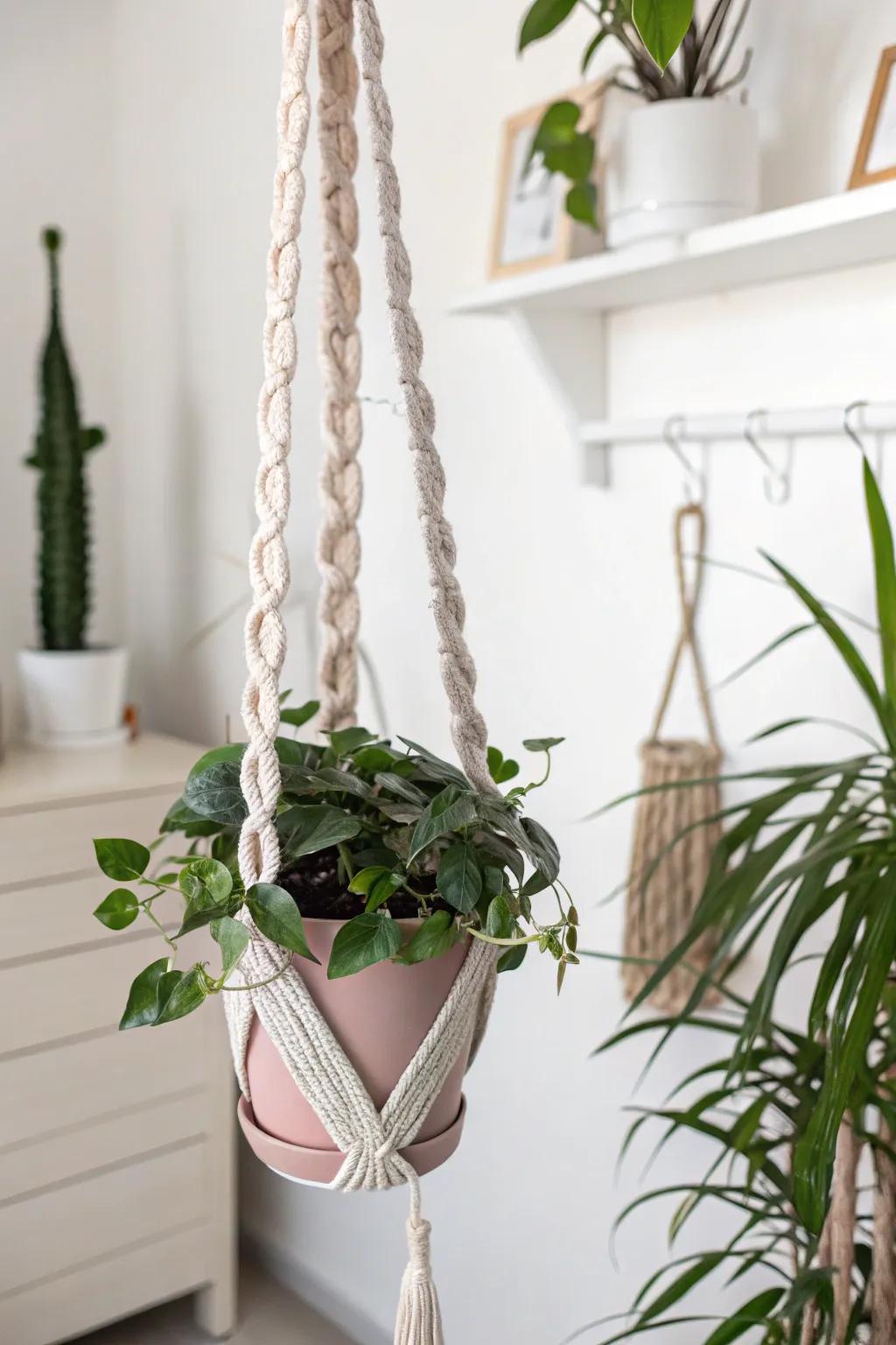 Transform your old t-shirts into a chic plant hanger that adds a touch of greenery and style to your space.