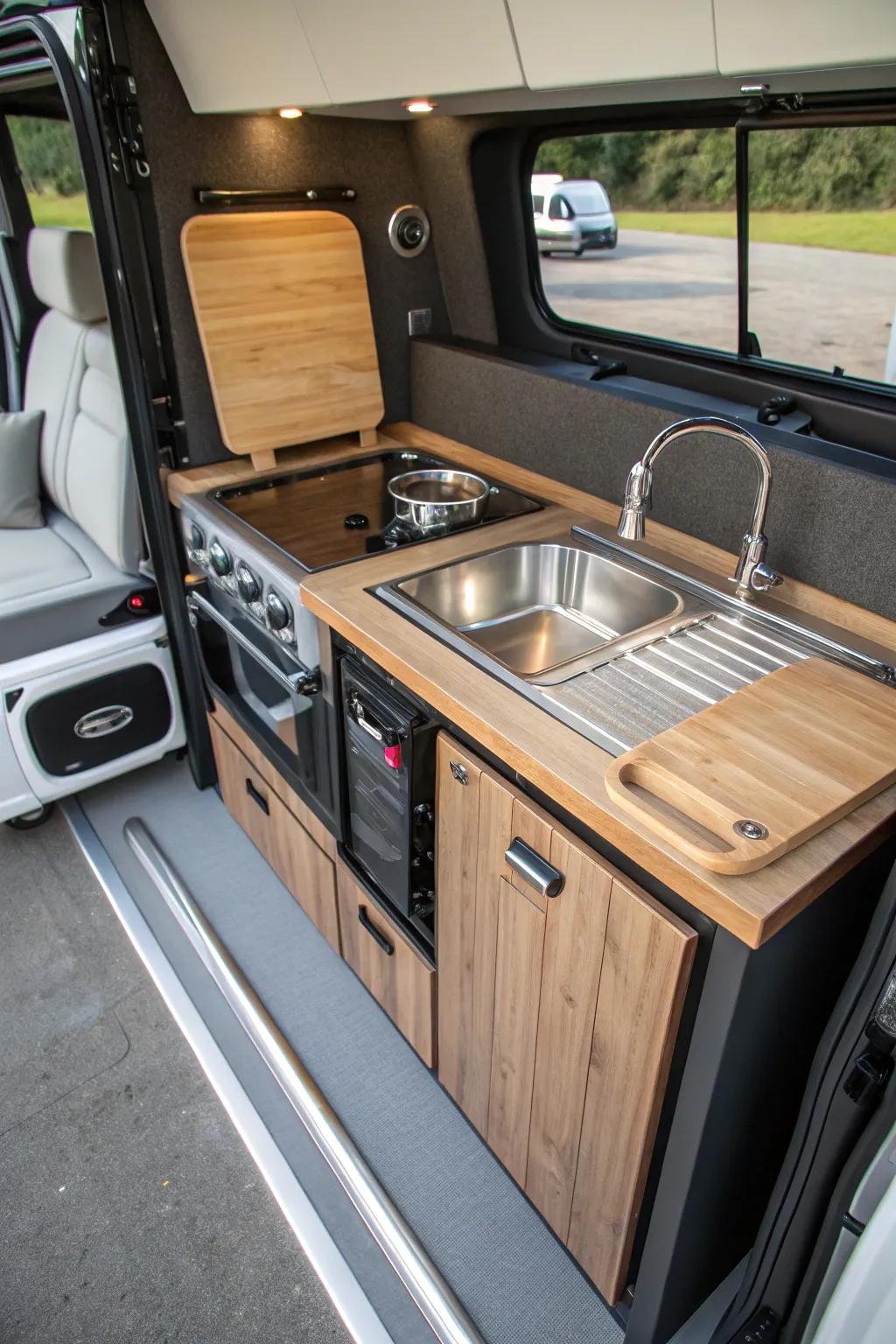 Master the art of van life with this expertly crafted slide-out kitchen. Compact functionality meets elegant design.