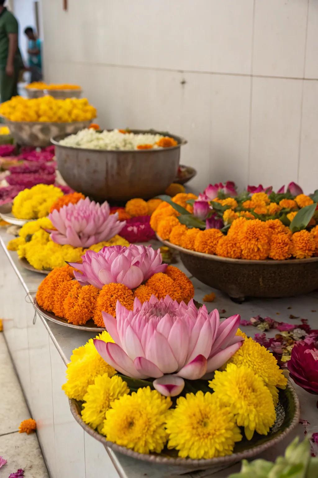 An array of vibrant flowers ready to beautify the Varalakshmi Vratam decor.