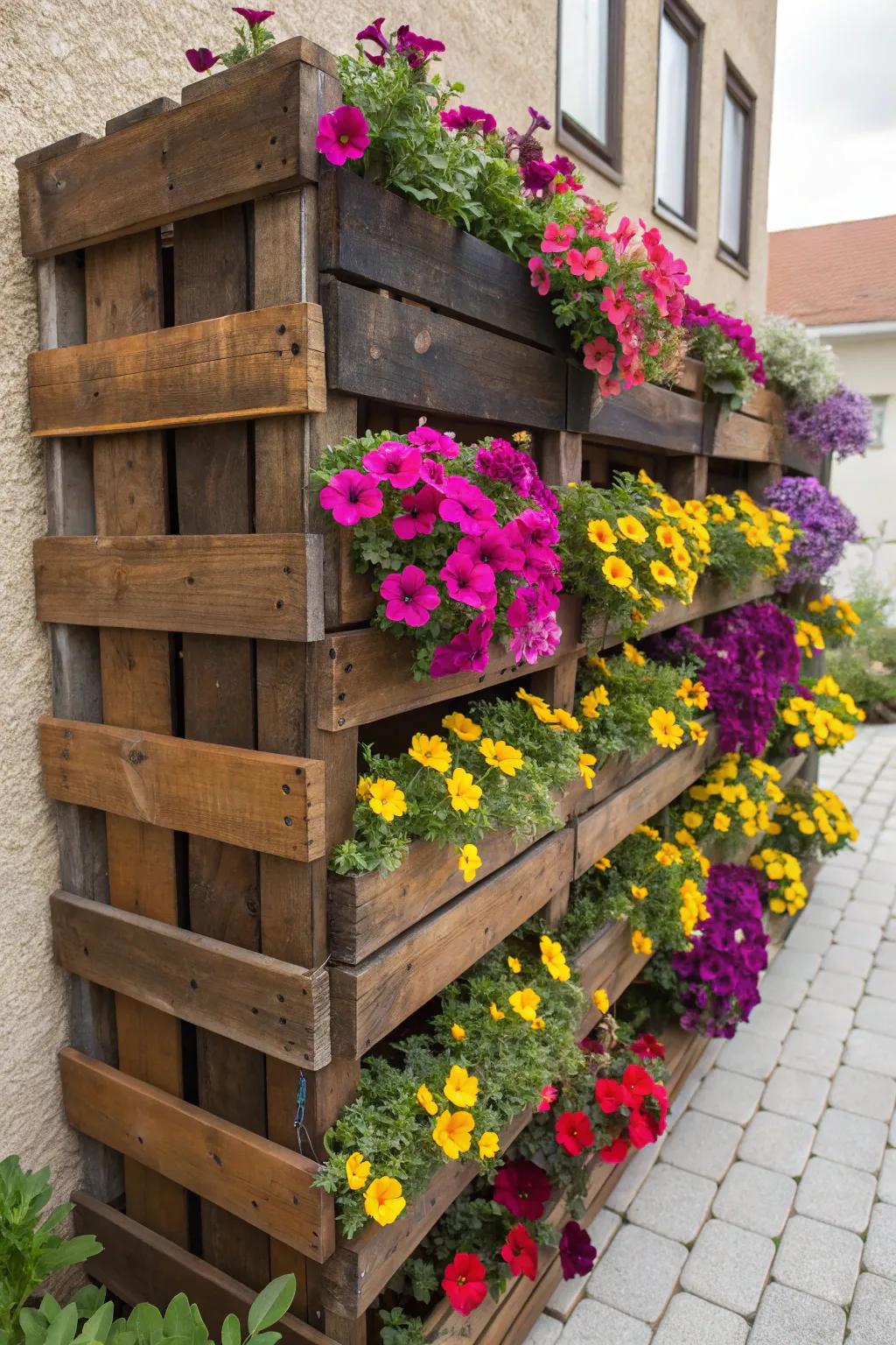 Transform your space with a burst of vibrant blooms in a handcrafted vertical pallet garden. #FlowerPower #Craftsmanship