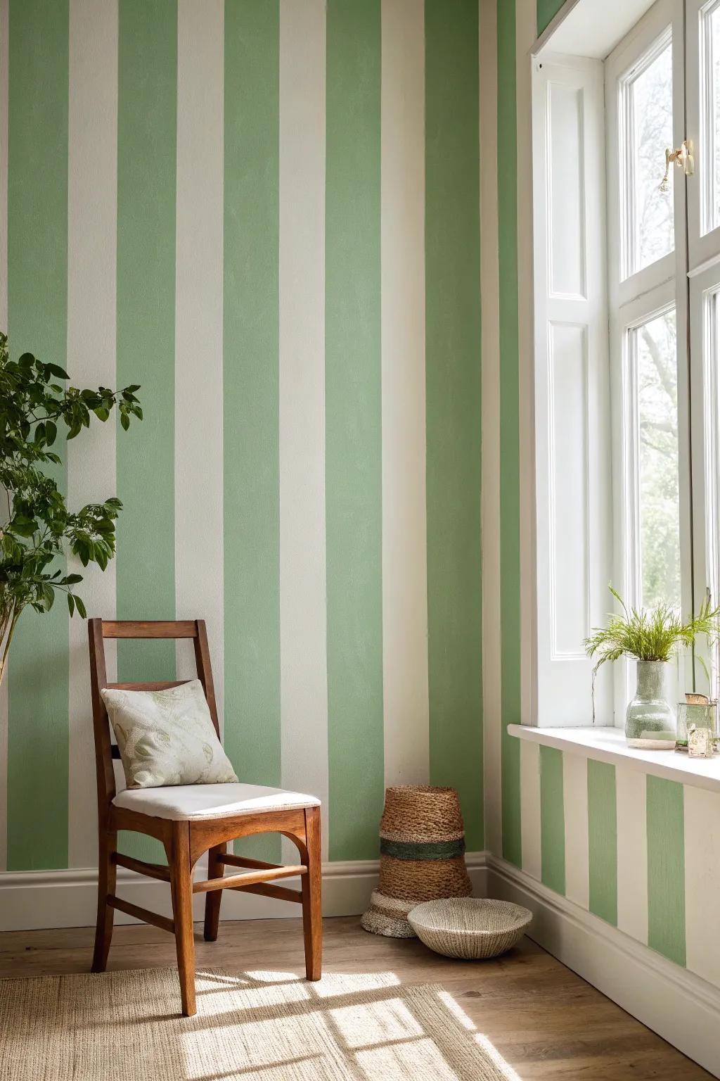 Transform your space with calming sage green and ivory stripes for a creative sanctuary.