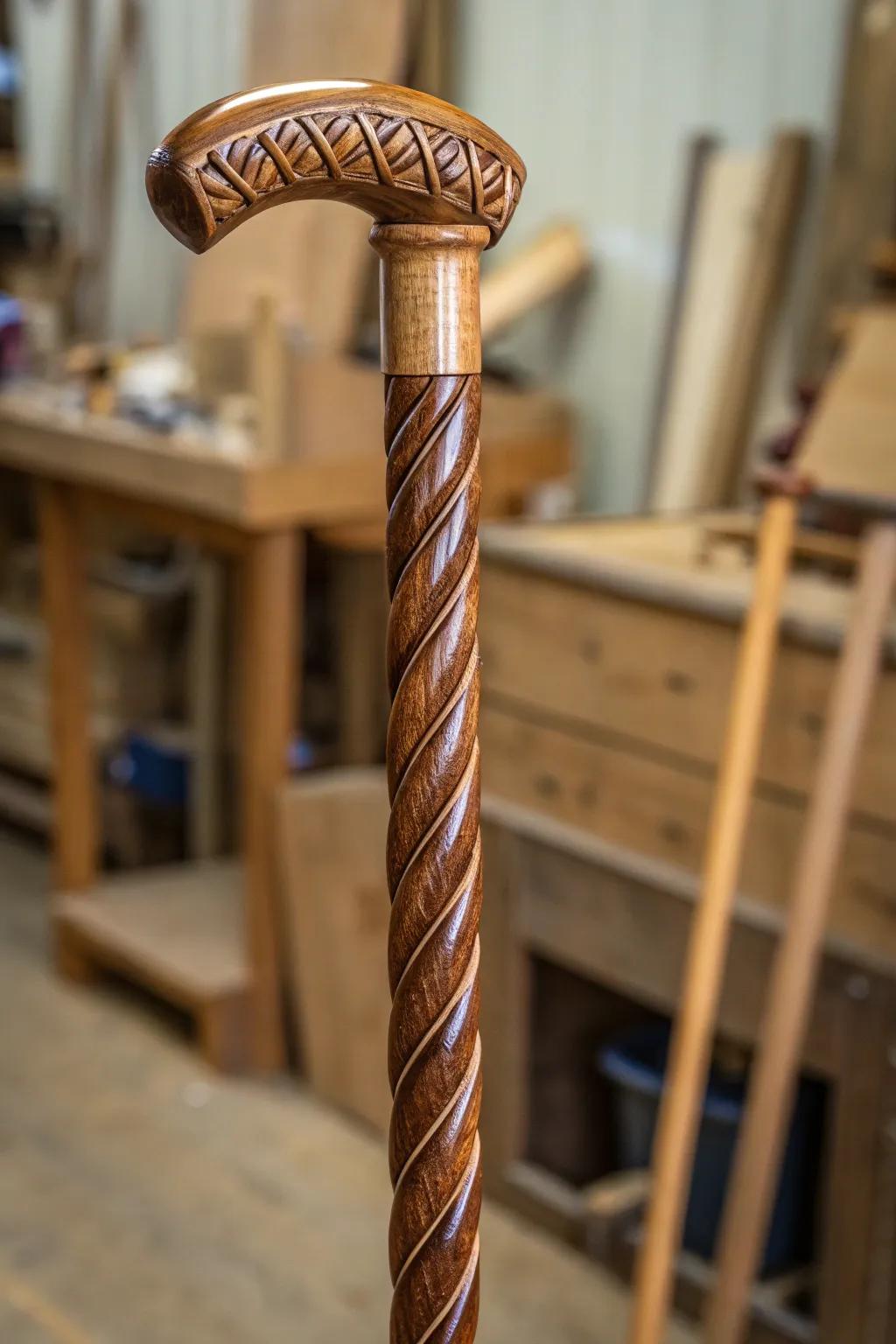 Master the art of elegance with twisting patterns on your walking stick.