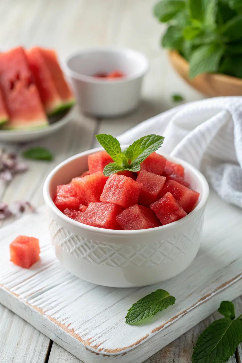 Elevate your summer salads with these refreshing watermelon cubes. Simplicity meets natural beauty.