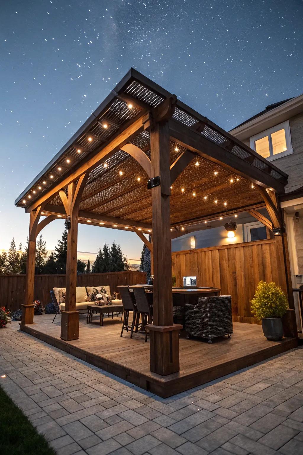 Transform your evenings with the enchanting glow of integrated LED lighting in a masterfully crafted pergola roof.