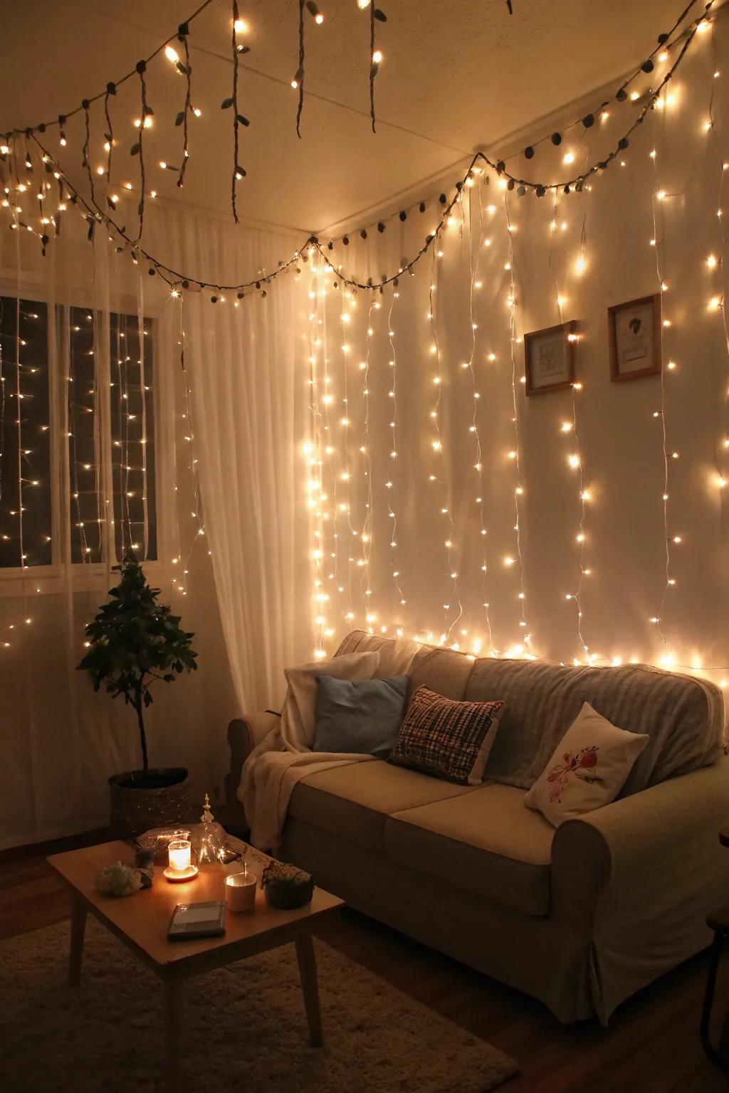 Fairy lights bring a magical glow to the room.