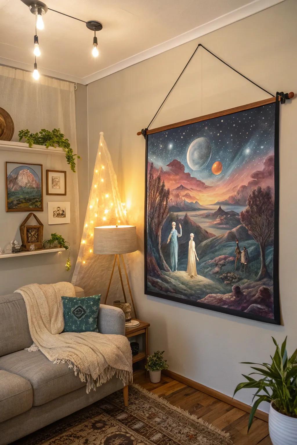 Surreal elements bring a mysterious charm to any cozy corner.