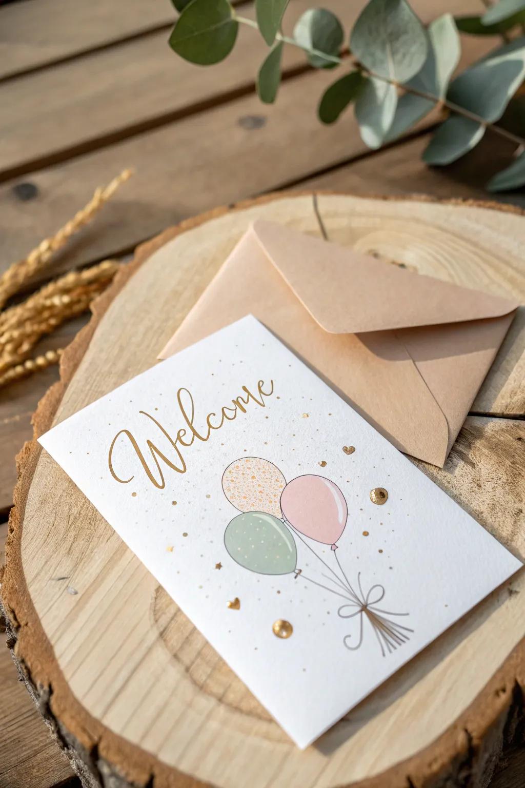 Celebrate simplicity and joy with a touch of whimsy in this elegantly crafted welcome card.
