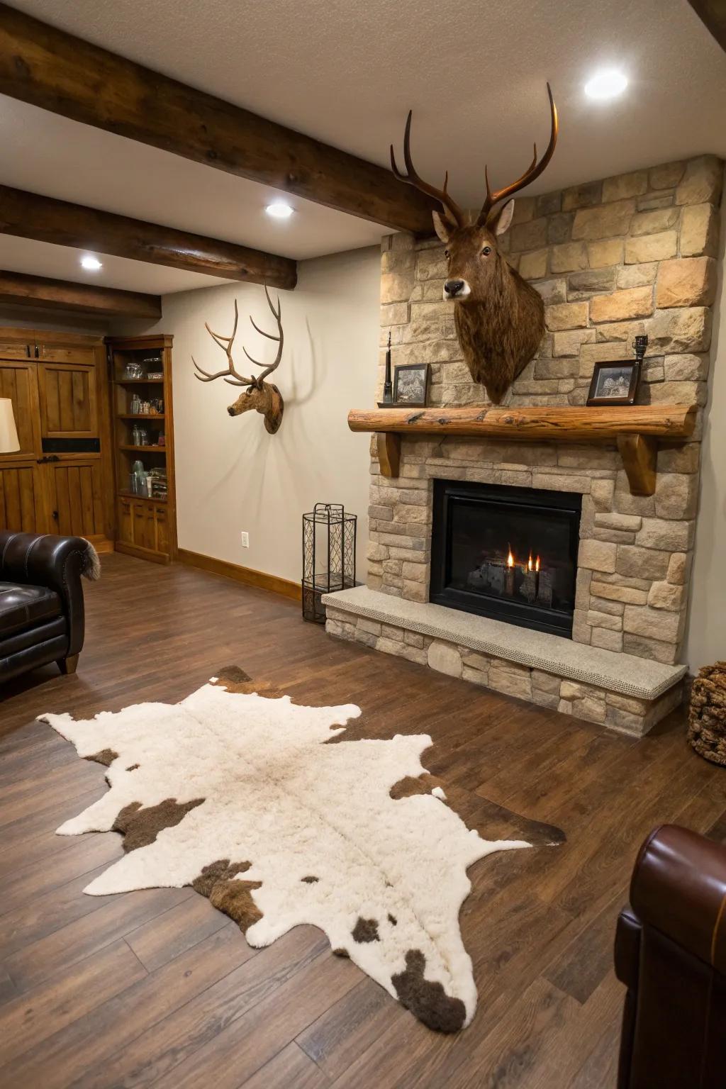 Western decor like cowhide rugs and antlers enhances the theme.
