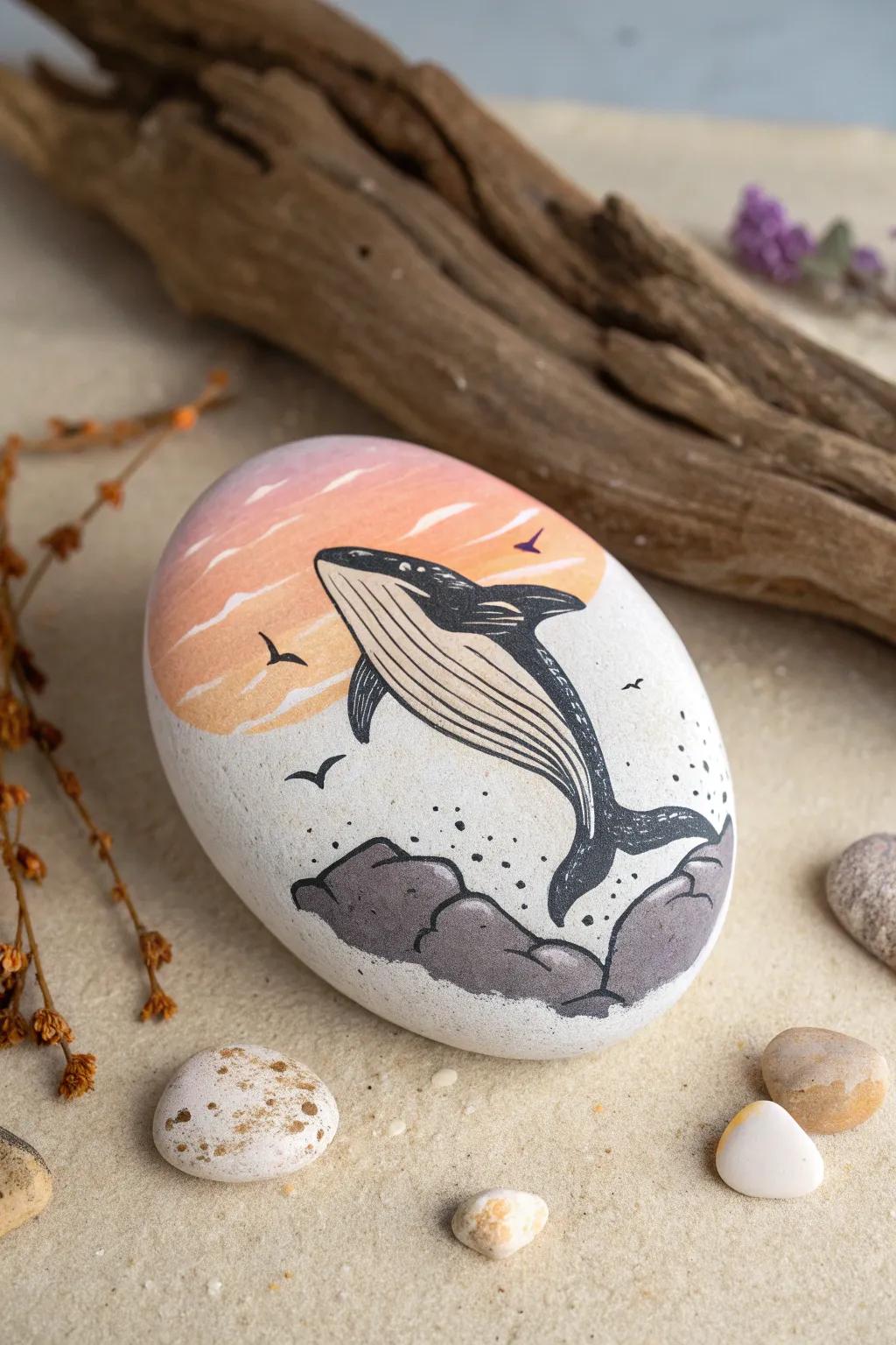 Embrace the serene beauty of nature with this minimalist whale rock painting, inspired by sunset hues.