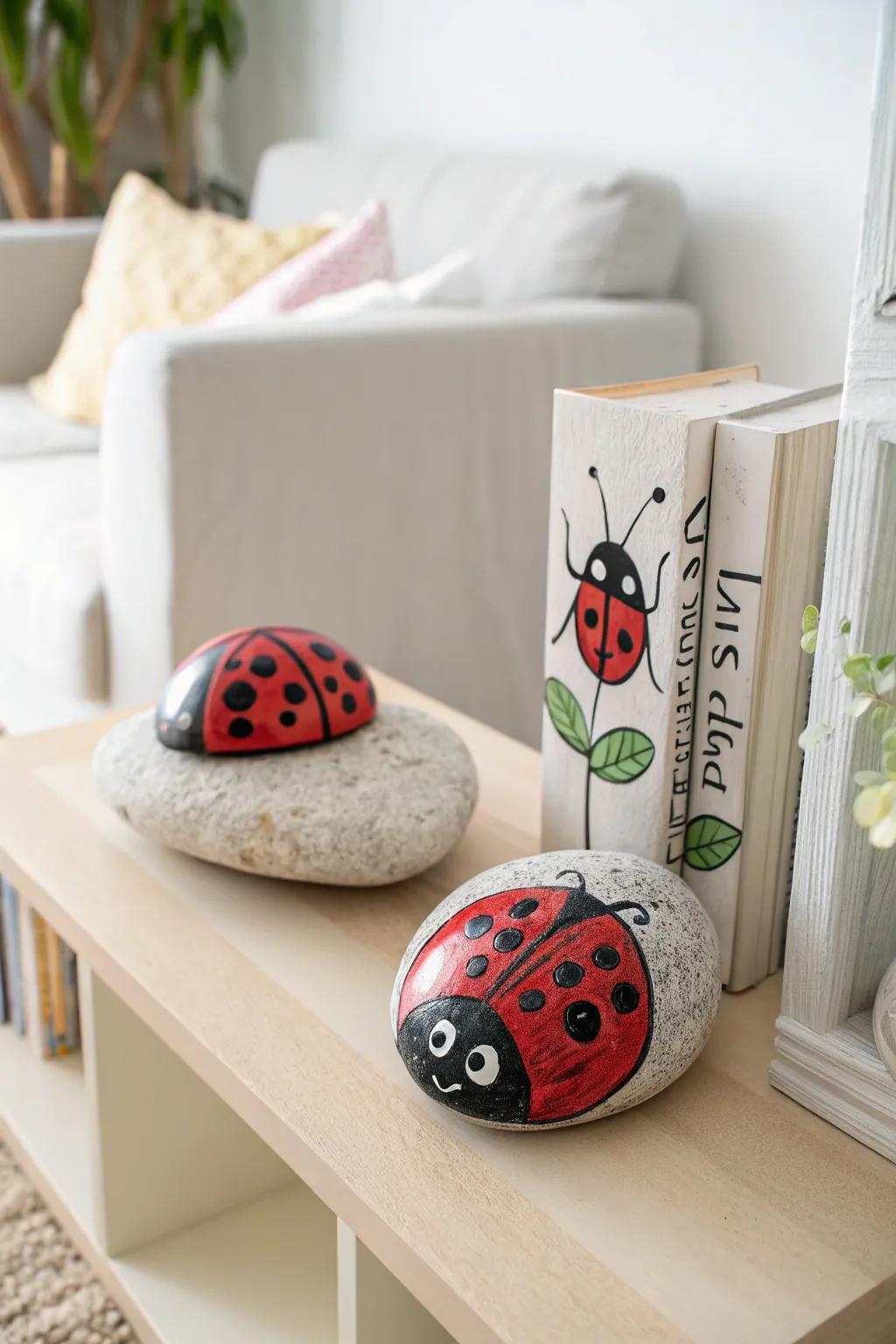 Add a touch of whimsy to your bookshelf with these charming ladybug rock bookends. Perfect for Scandinavian and Boho-inspired spaces!
