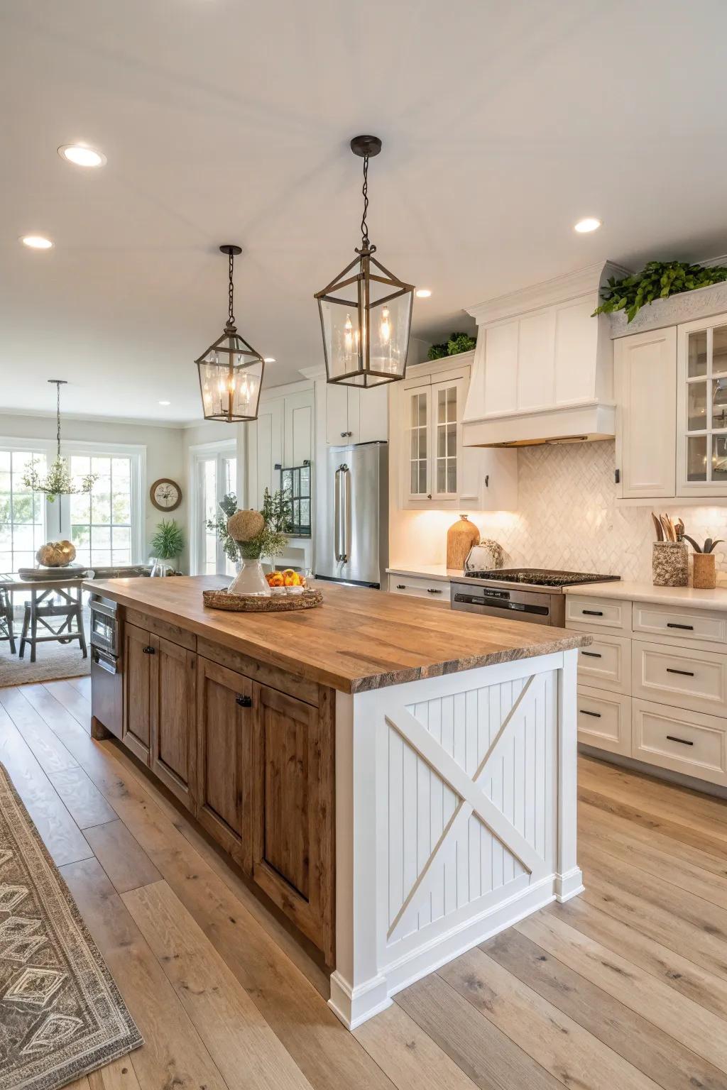 A blend of rustic charm and modern design in a white kitchen with wooden accents.