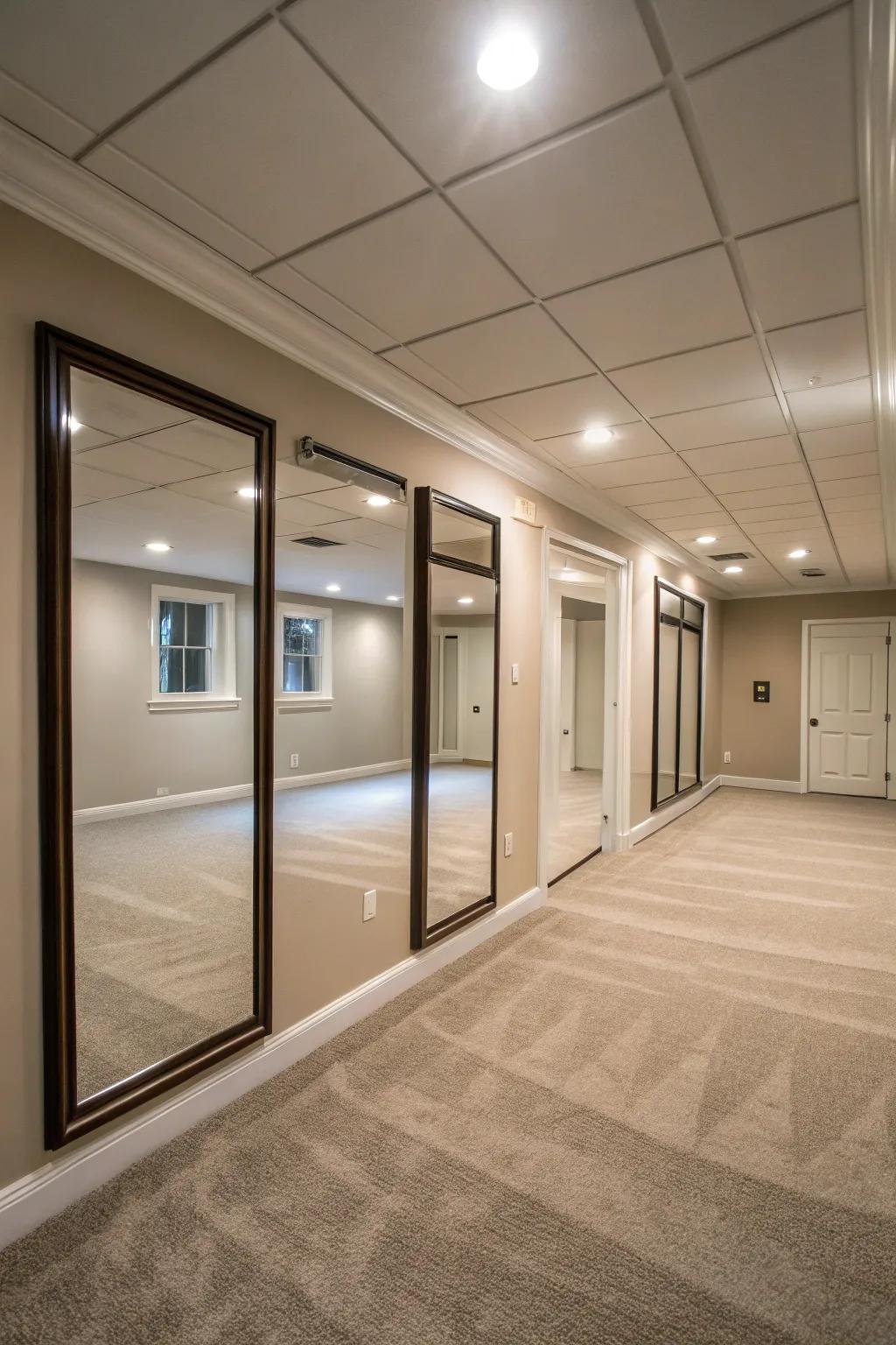 Mirrors can enhance the sense of space in a windowless basement.