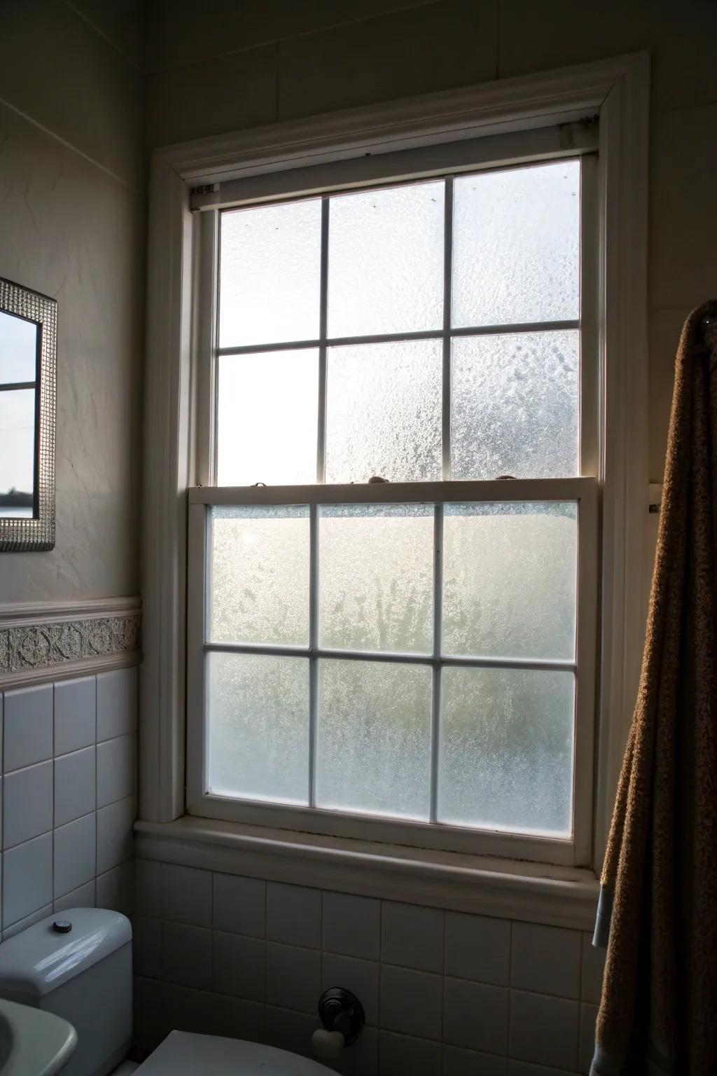 A bathroom with frosted glass windows for privacy and style.