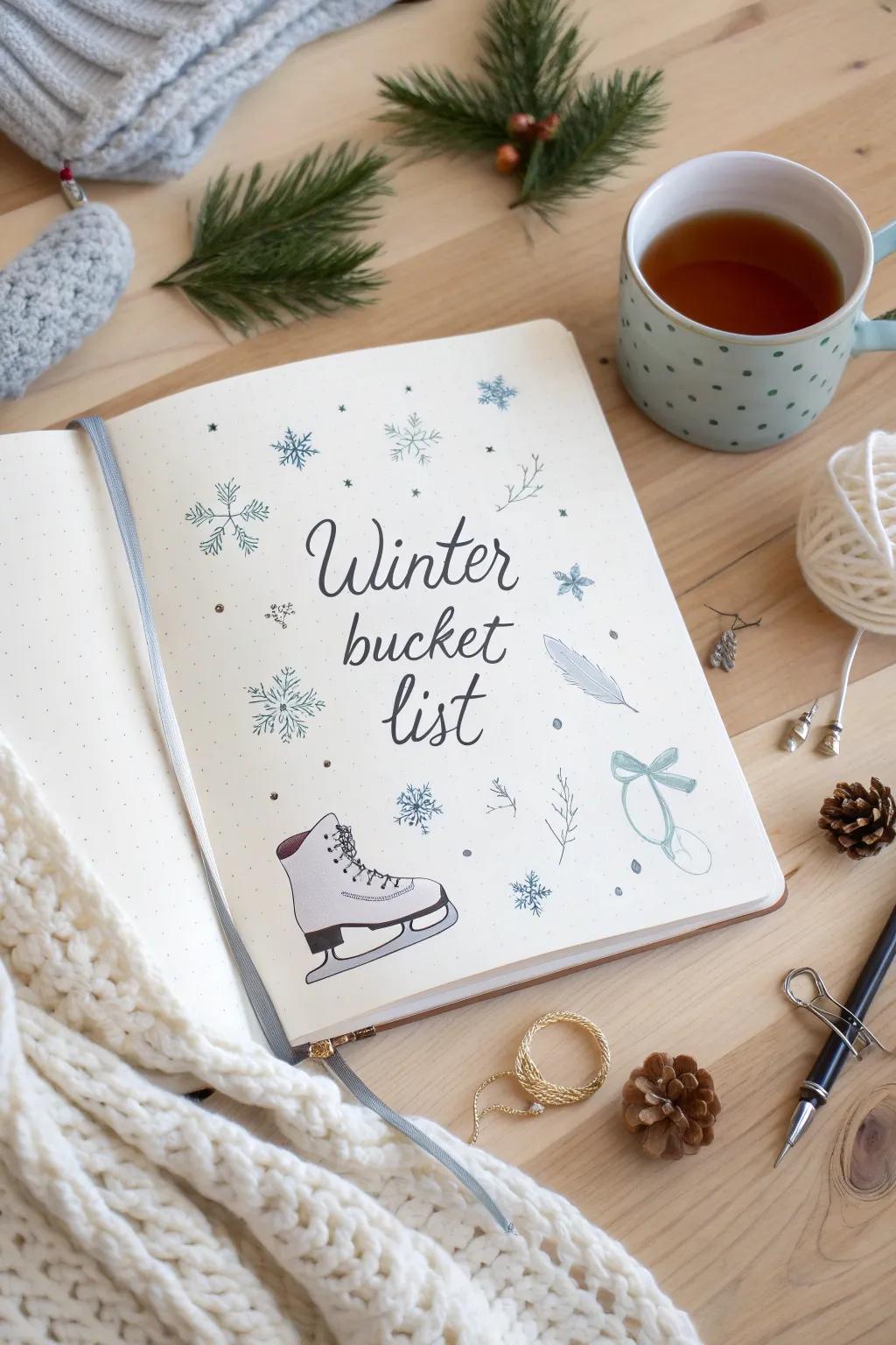 Capture your winter dreams with a minimalist 'Winter Bucket List' in your bullet journal. Embrace the season's beauty with simplicity and style.