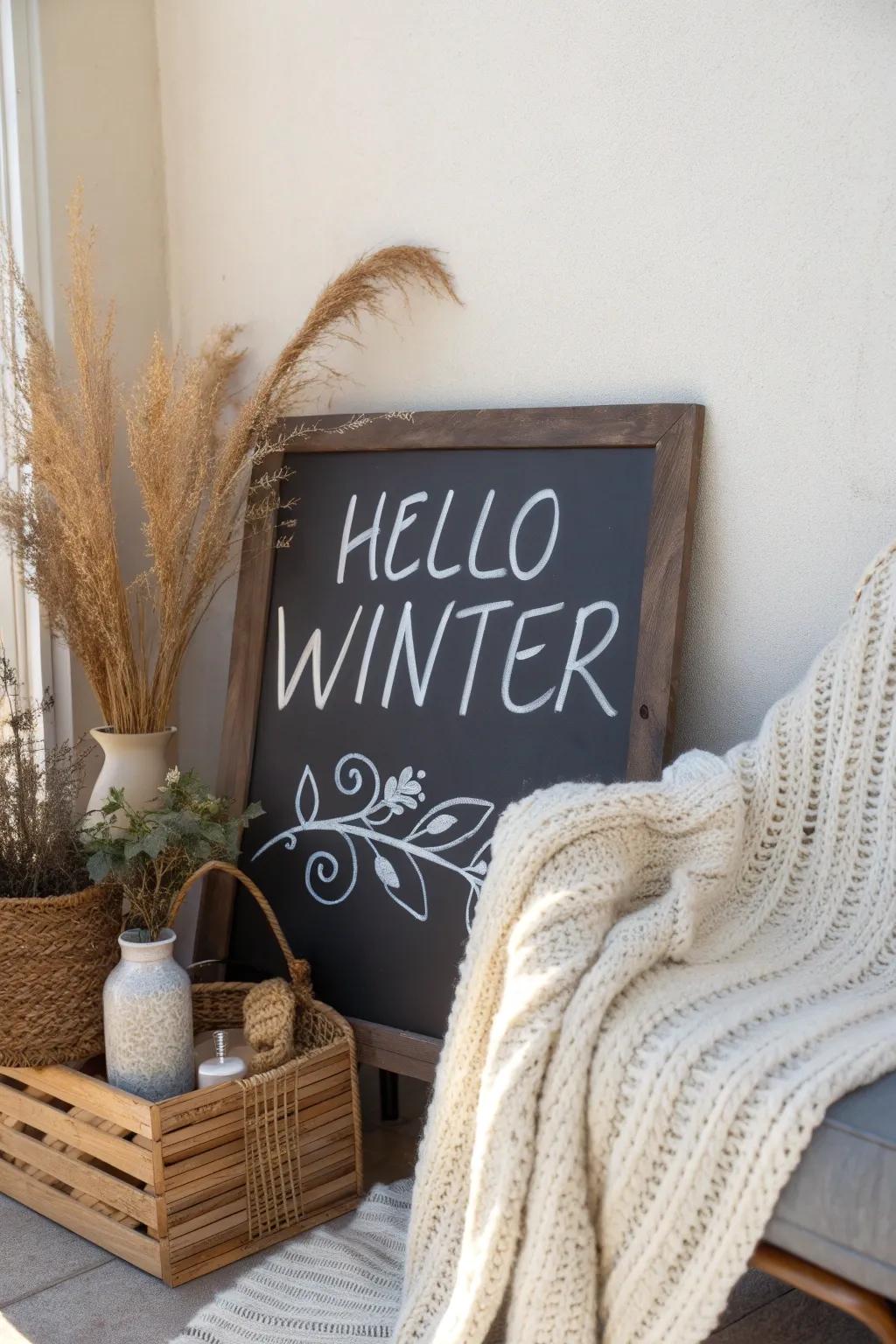 Embrace the season with a warm 'Hello Winter' on your chalkboard, blending elegance and simplicity.